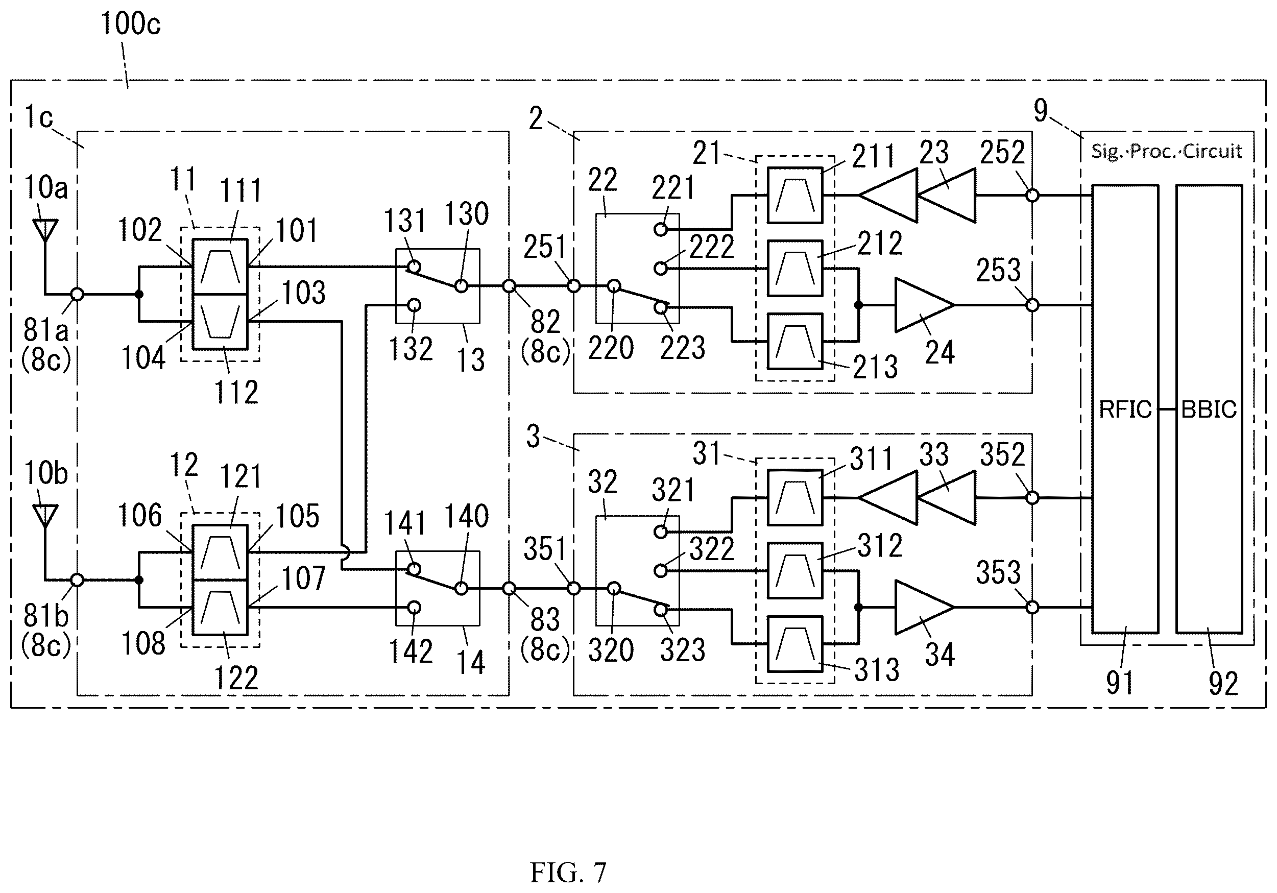 Patent US12562705 Figure 7 – Radio frequency module including control circuit positioned between switches and communication device