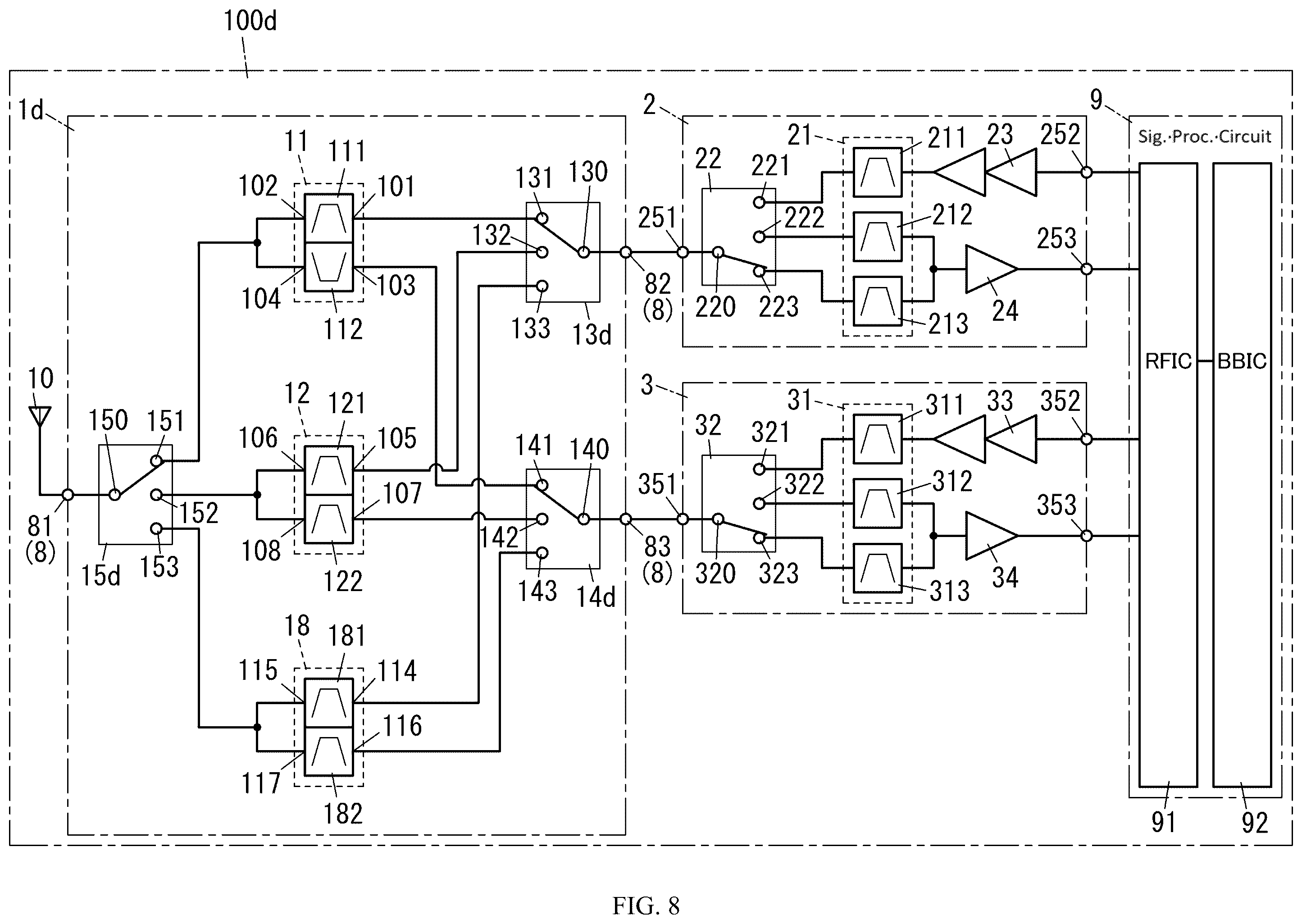 Patent US12562705 Figure 8 – Radio frequency module including control circuit positioned between switches and communication device