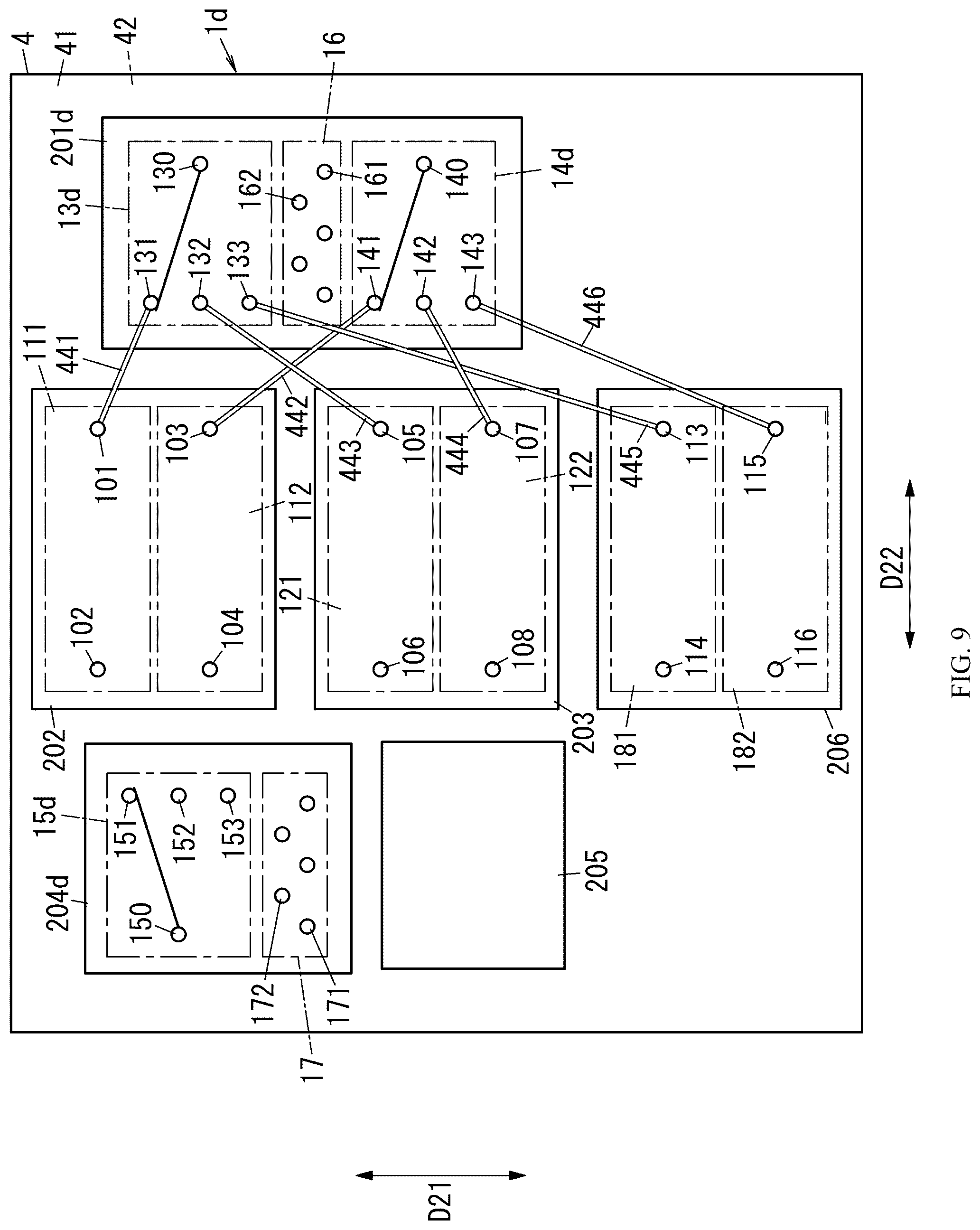 Patent US12562705 Figure 9 – Radio frequency module including control circuit positioned between switches and communication device