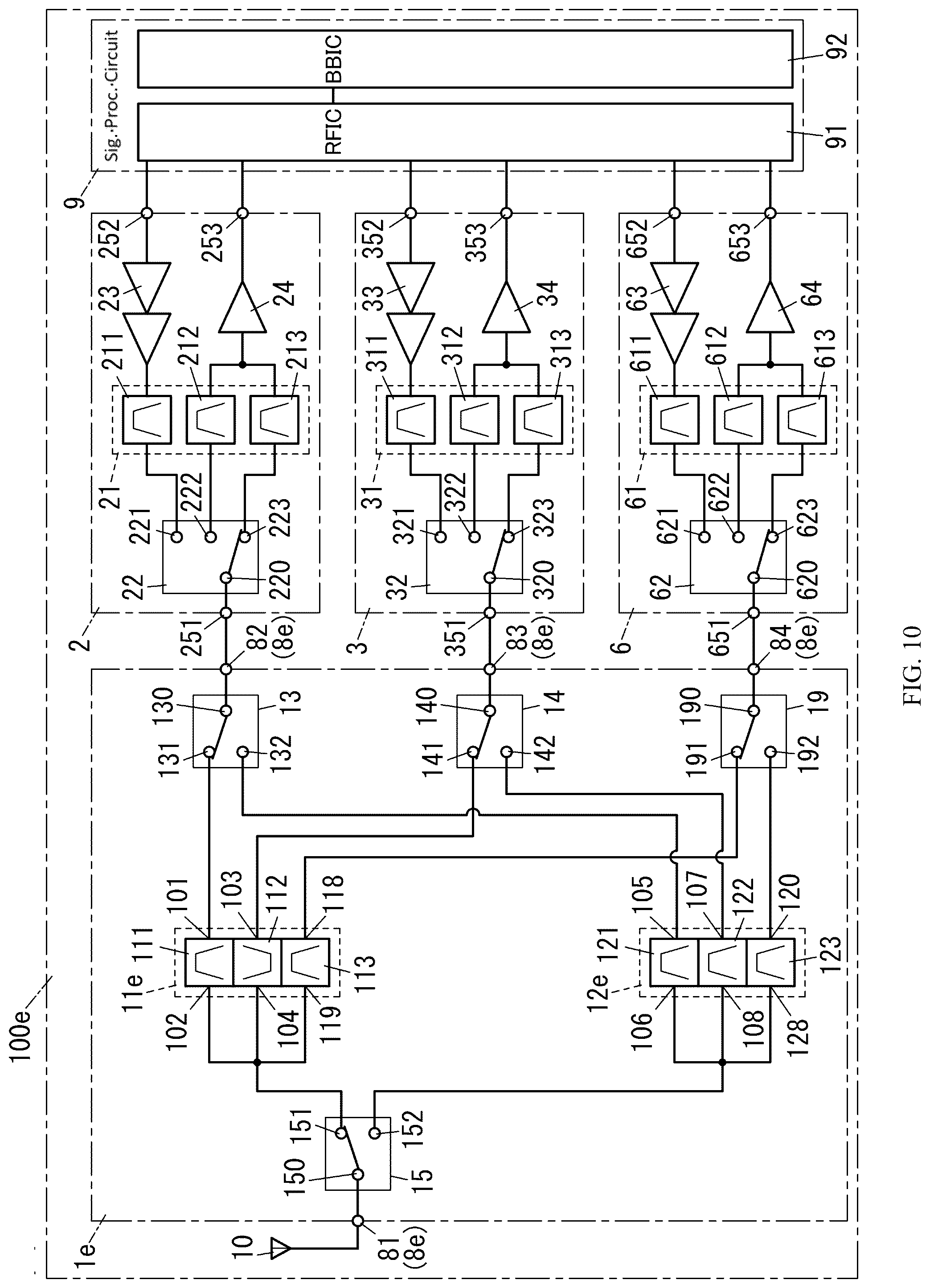 Patent US12562705 Figure 10 – Radio frequency module including control circuit positioned between switches and communication device