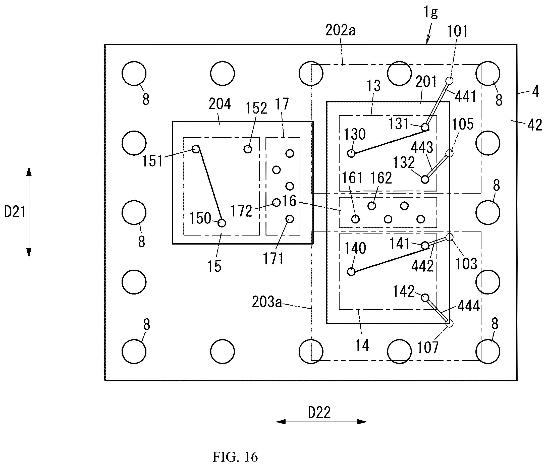 Patent US12562705 Figure 16 – Radio frequency module including control circuit positioned between switches and communication device