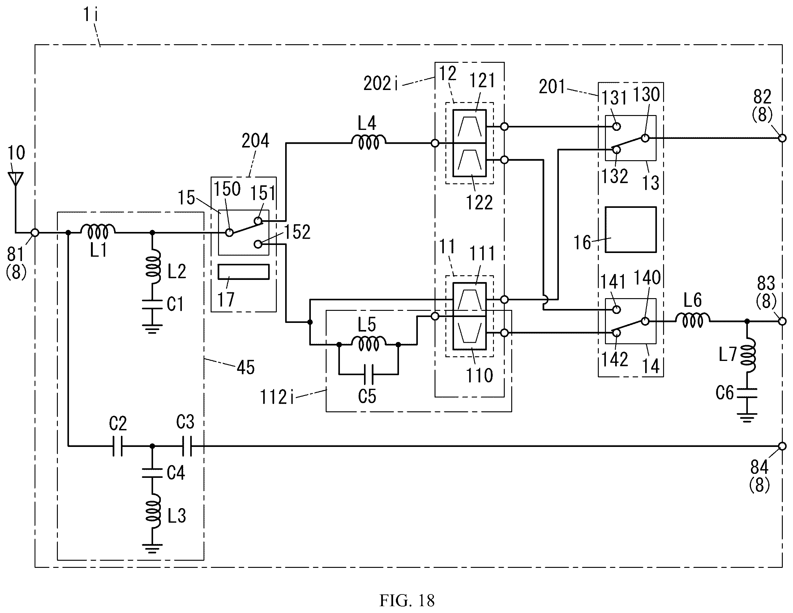 Patent US12562705 Figure 18 – Radio frequency module including control circuit positioned between switches and communication device