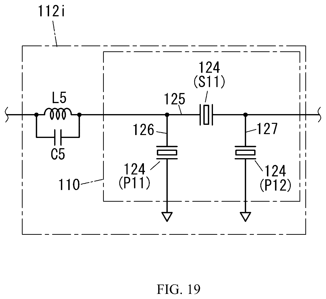 Patent US12562705 Figure 19 – Radio frequency module including control circuit positioned between switches and communication device