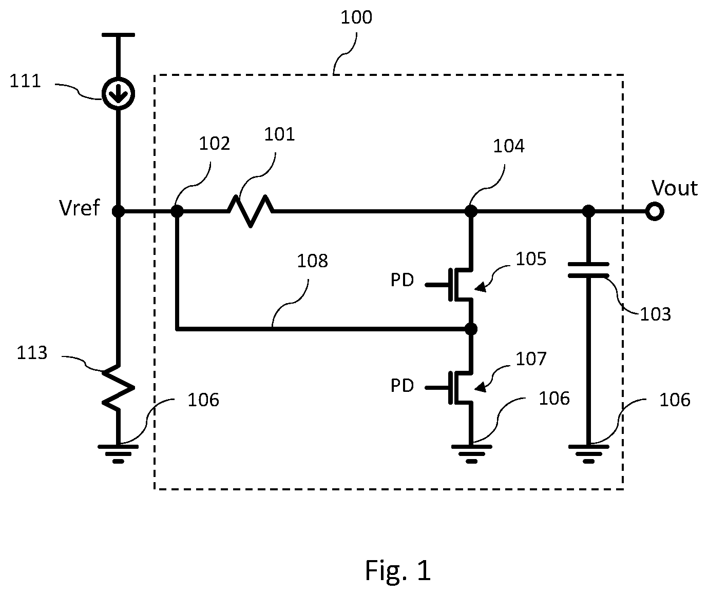 Patent US12562729 Figure 1 – Filter with low leakage power-down switches