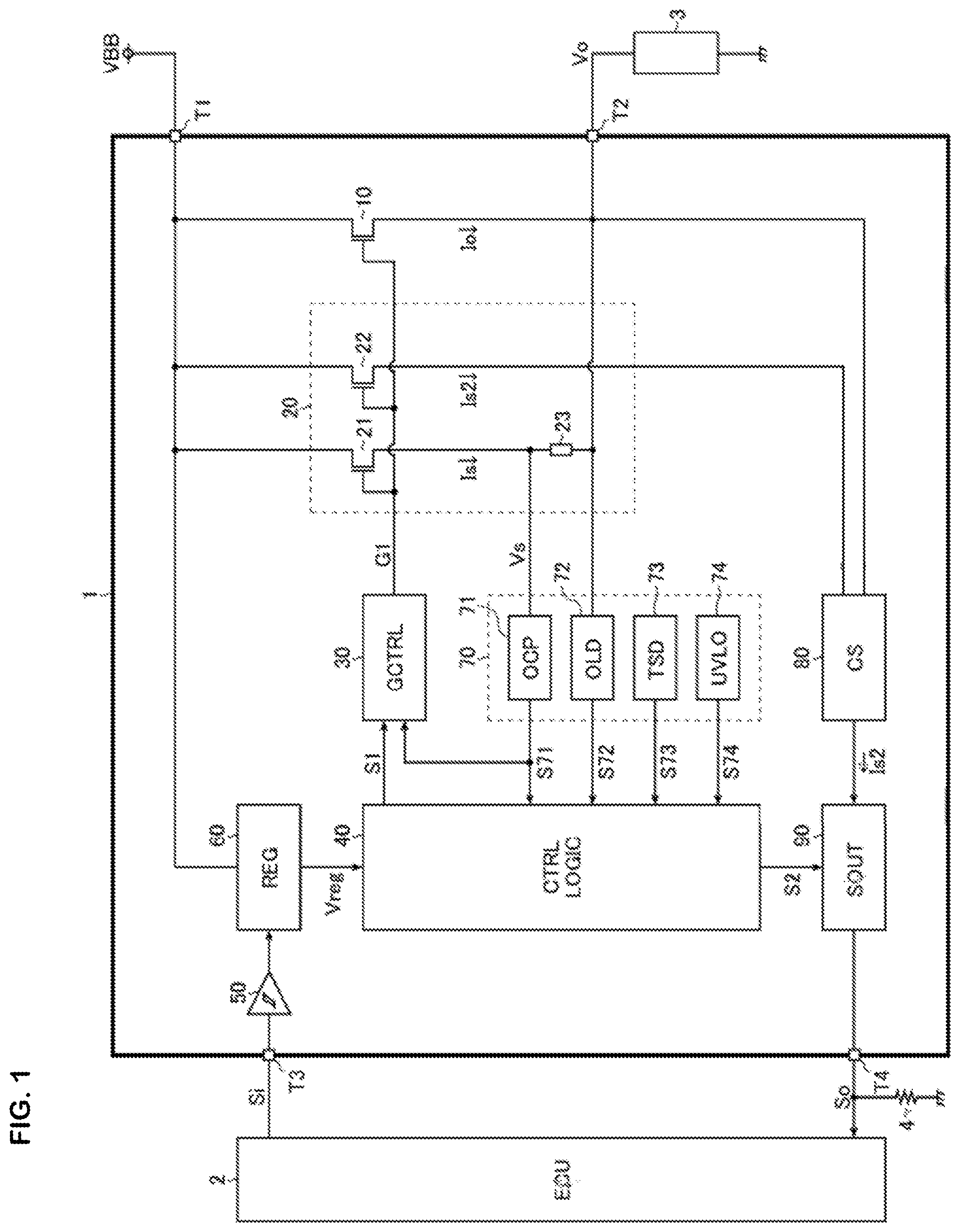 Patent US12562732 Figure 1 – Switching device, electronic device, and vehicle