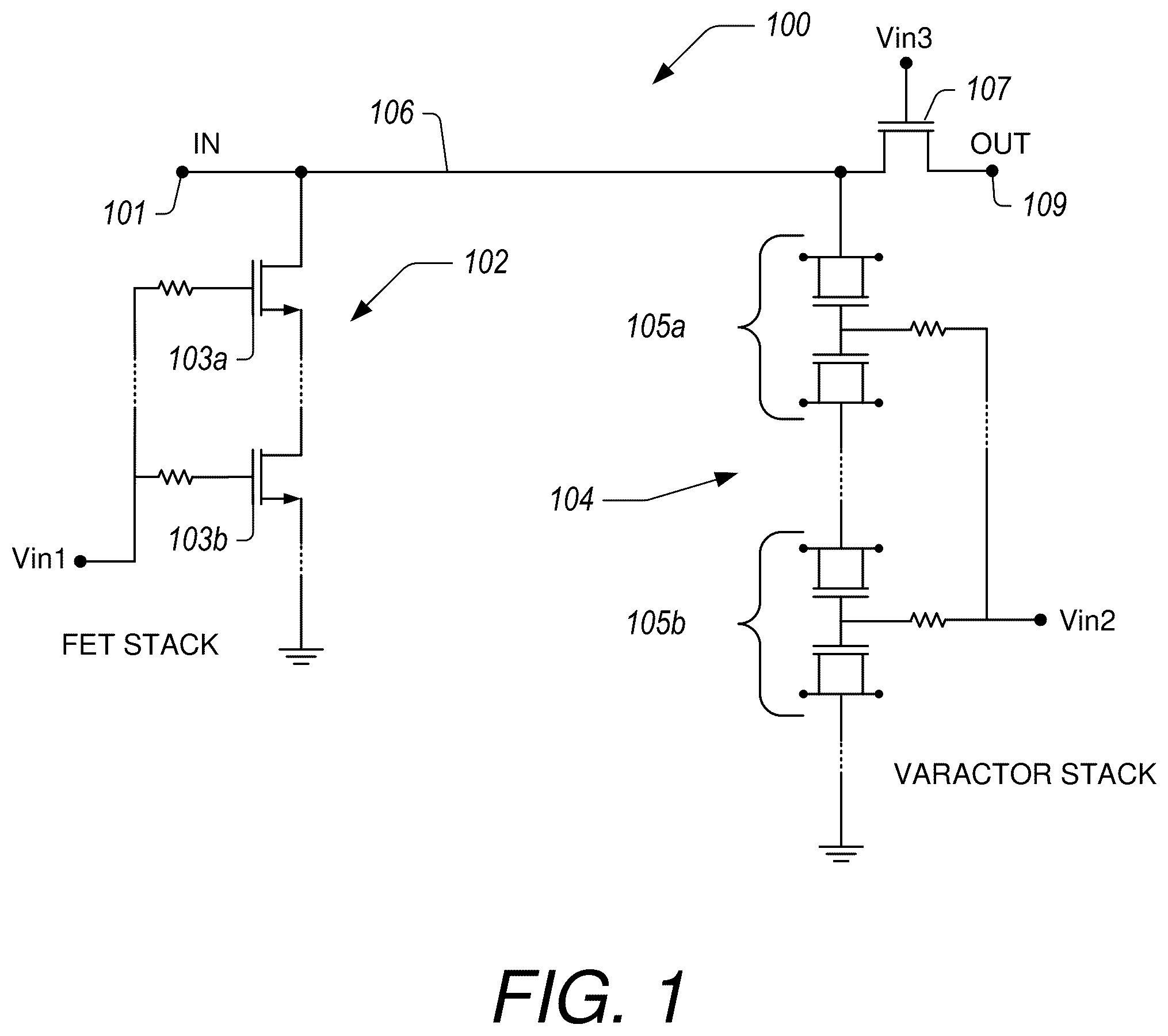 Patent US12562737 Figure 1 – Switch linearization with asymmetrical anti-series varactor pair