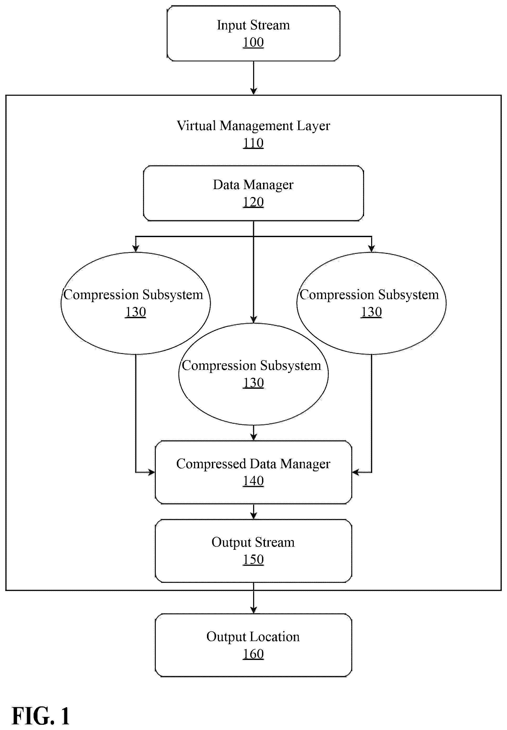 Patent US12562753 Figure 1 – System and method for multi-type data compression or decompression with a virtual management layer