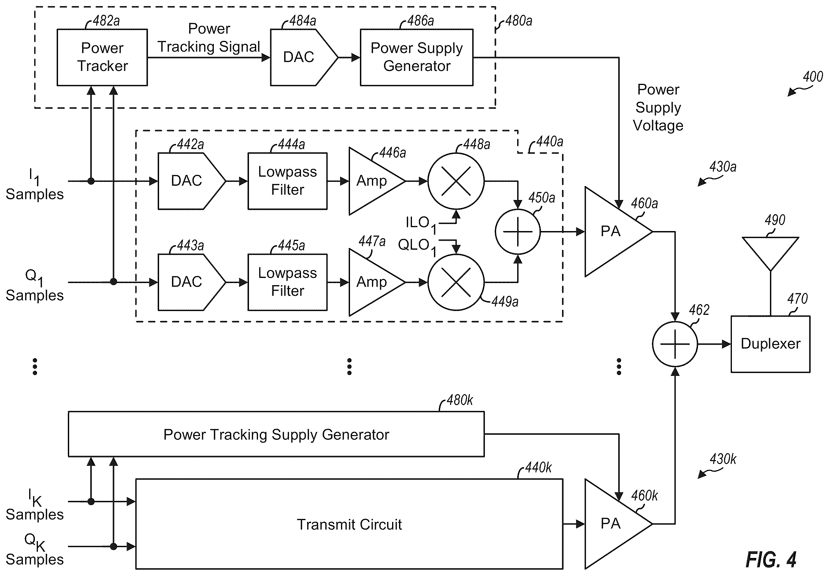 Patent US12562763 Figure 4 – Power tracker for multiple transmit signals sent simultaneously
