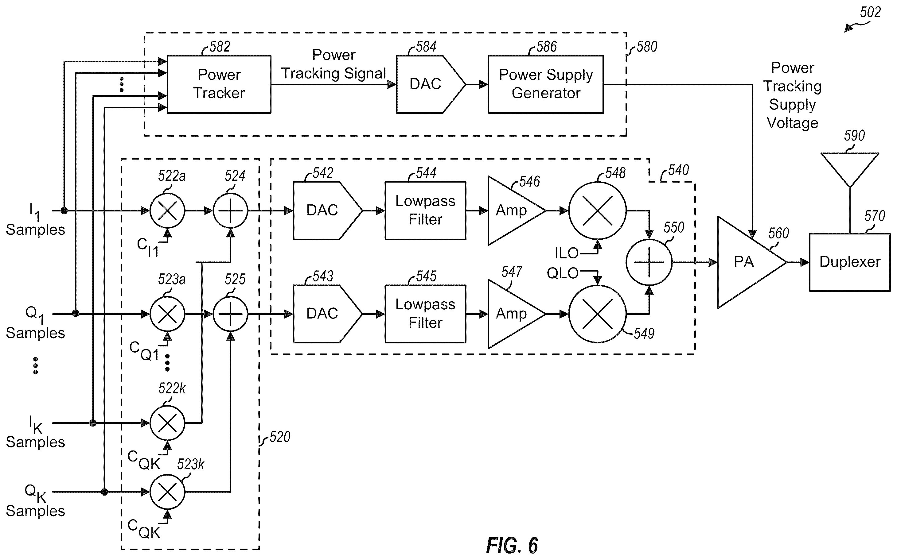 Patent US12562763 Figure 6 – Power tracker for multiple transmit signals sent simultaneously