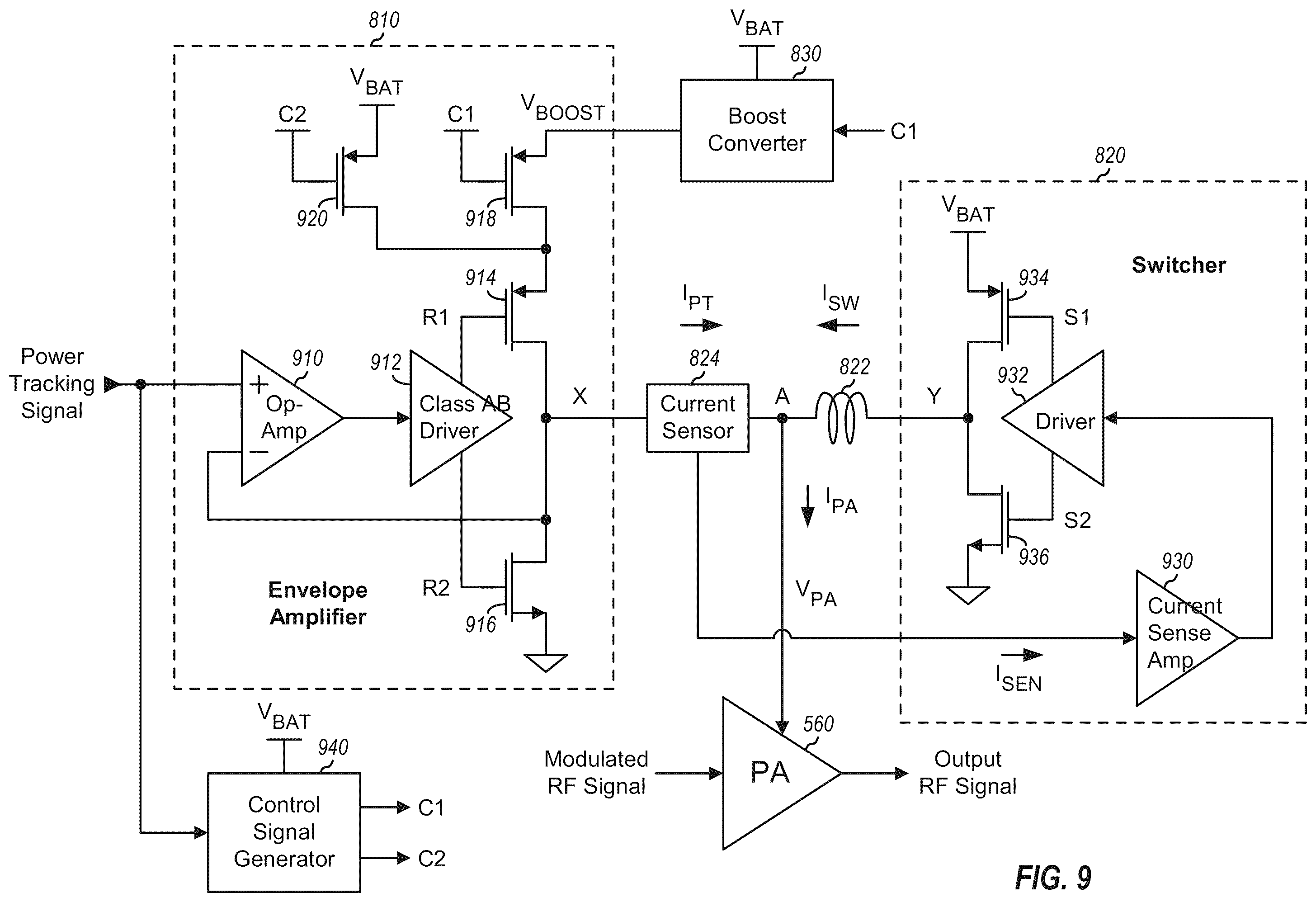 Patent US12562763 Figure 9 – Power tracker for multiple transmit signals sent simultaneously