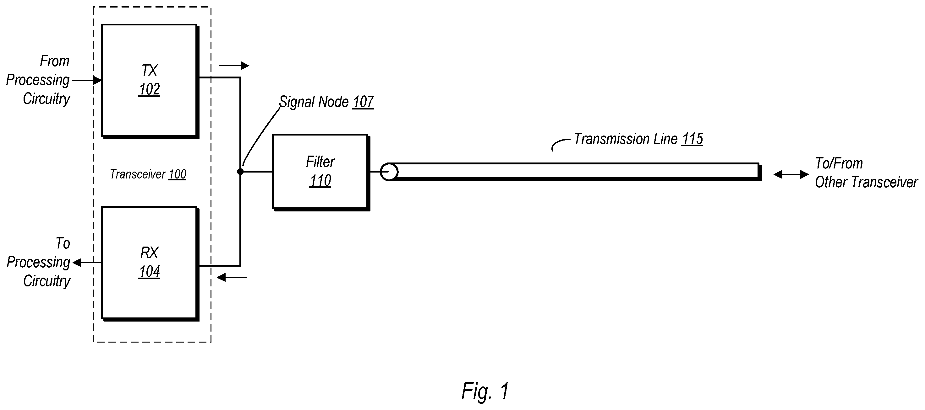 Patent US12562777 Figure 1 – Transceiver with shared filter for both transmit and receive modes