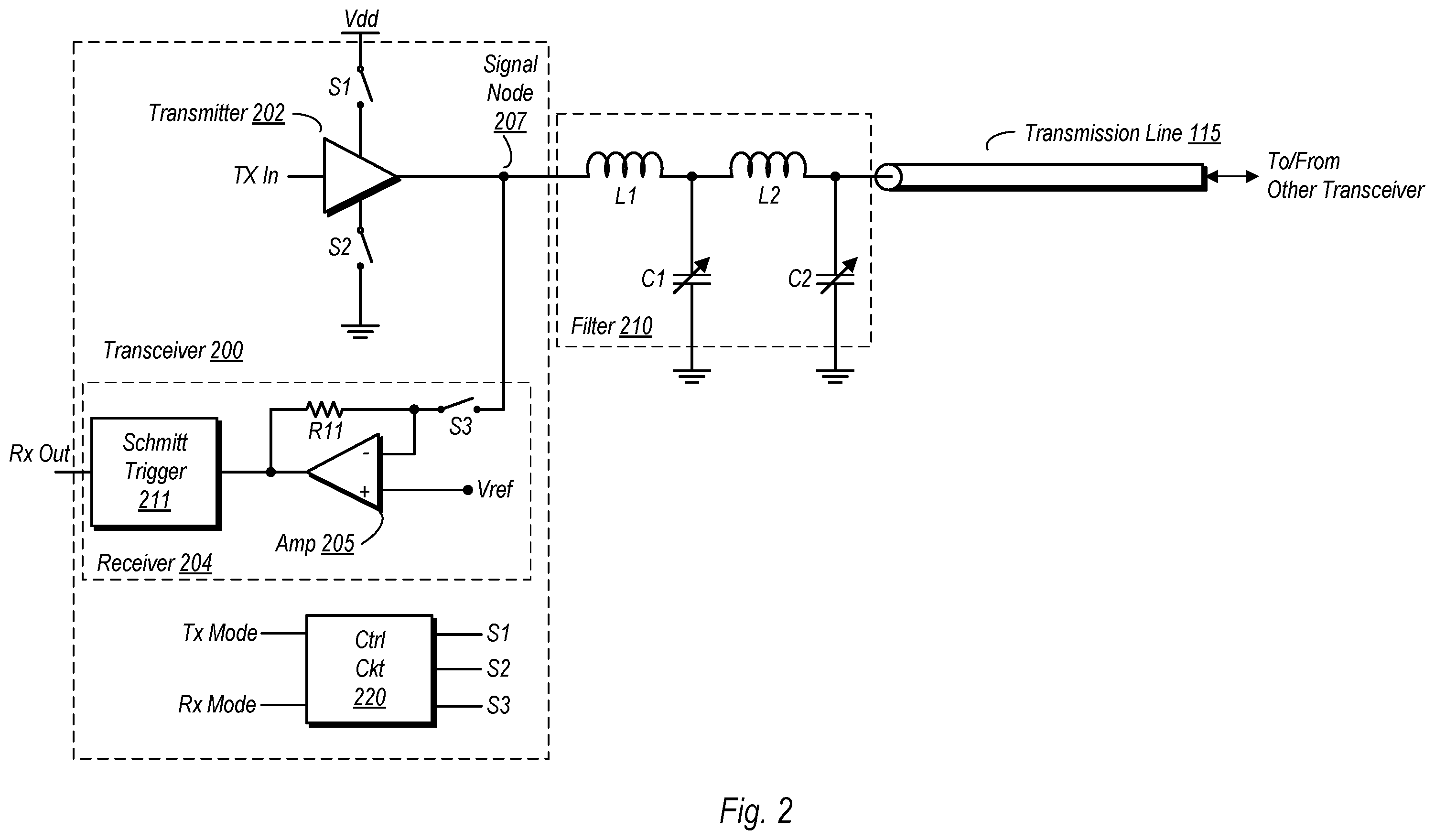 Patent US12562777 Figure 2 – Transceiver with shared filter for both transmit and receive modes