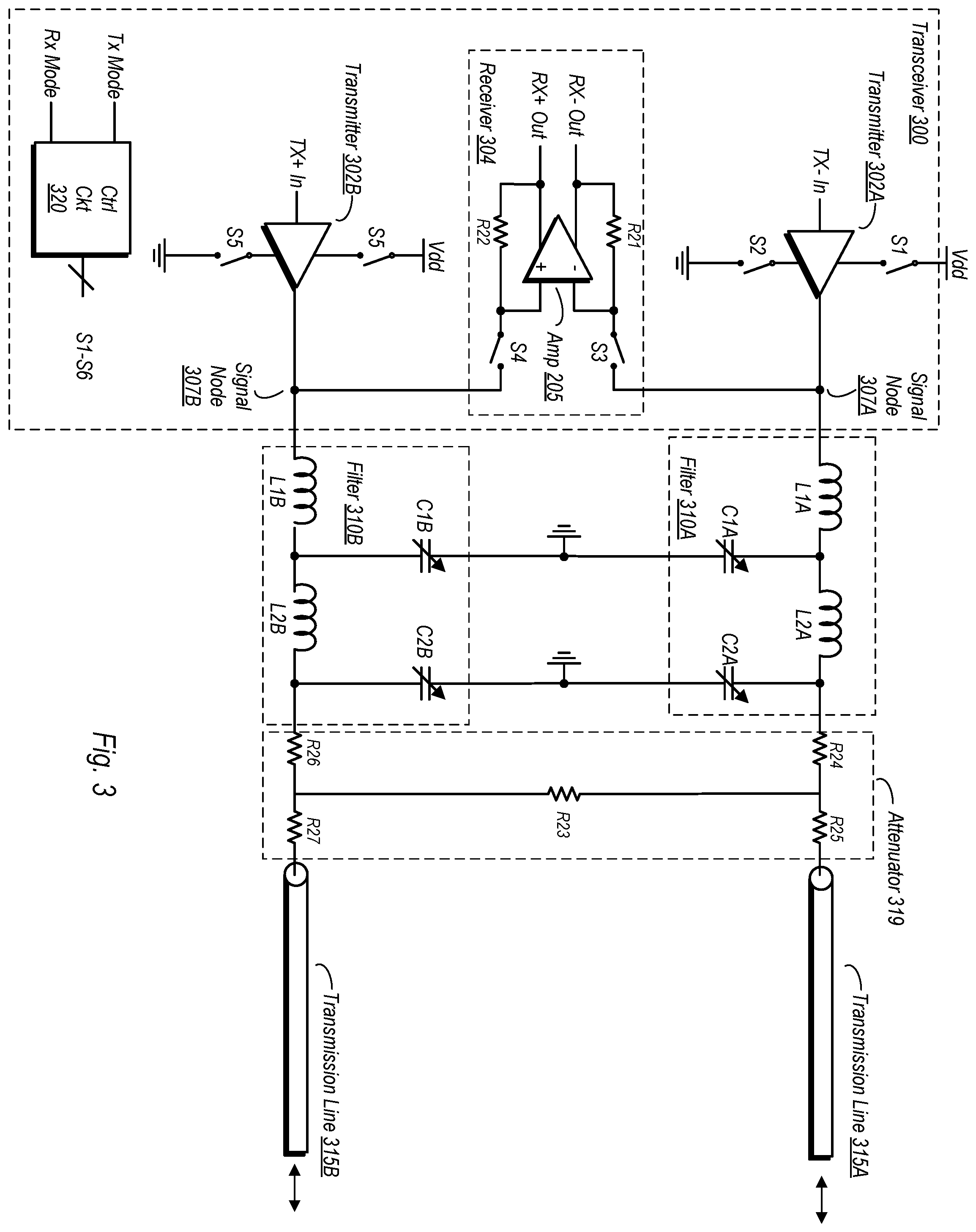 Patent US12562777 Figure 3 – Transceiver with shared filter for both transmit and receive modes