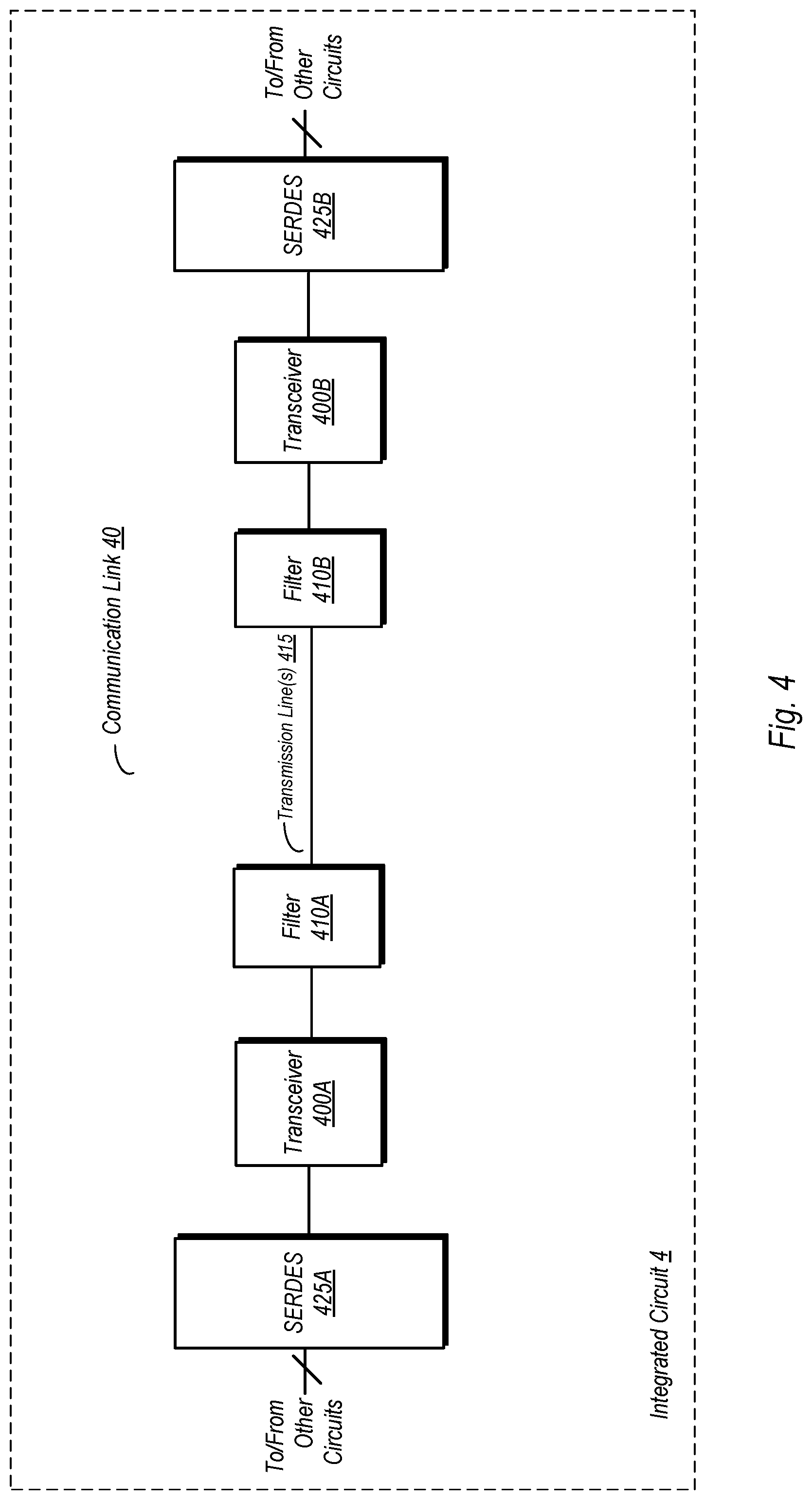 Patent US12562777 Figure 4 – Transceiver with shared filter for both transmit and receive modes