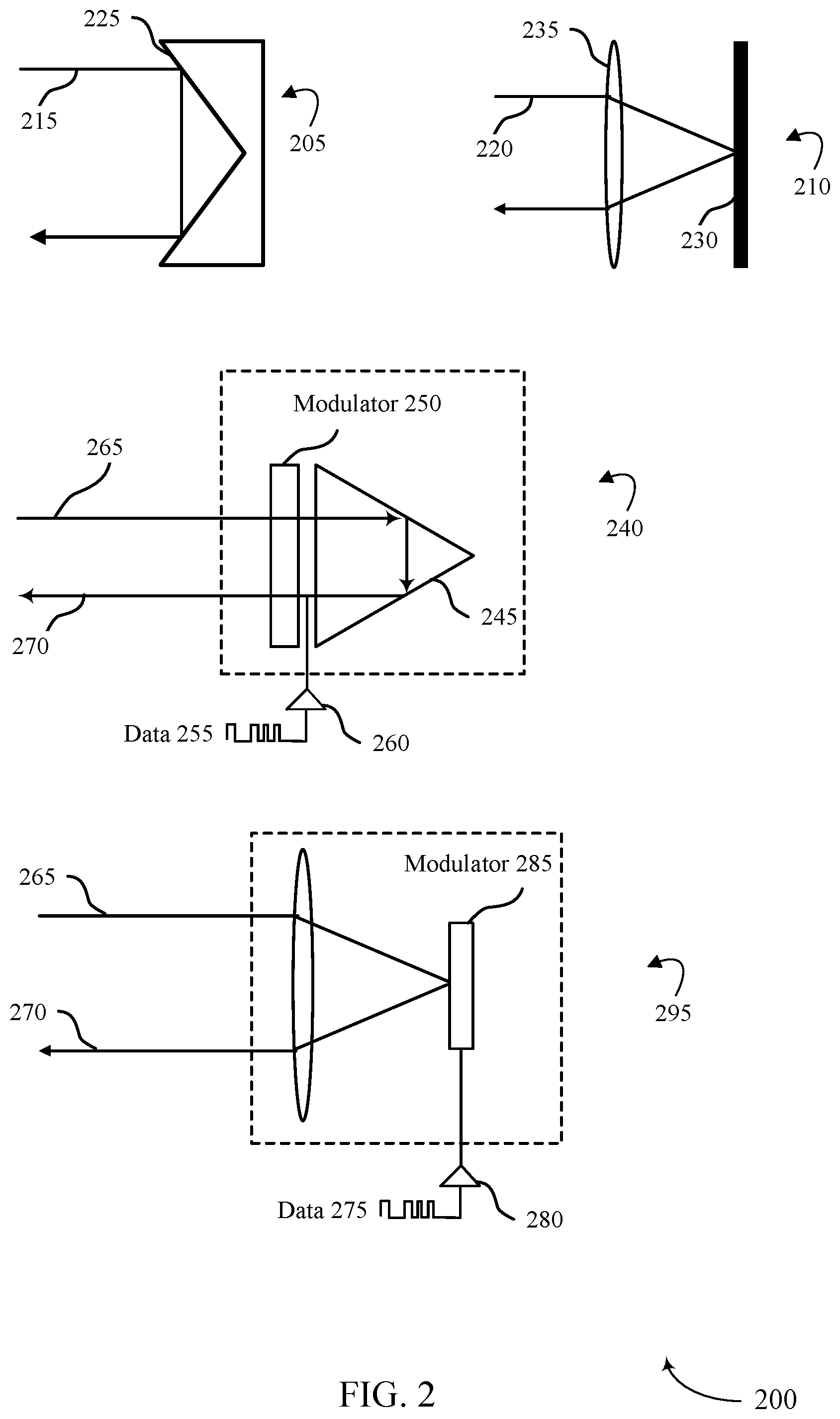 Patent US12562814 Figure 2 – Full duplex optical communications with modulated retro reflector