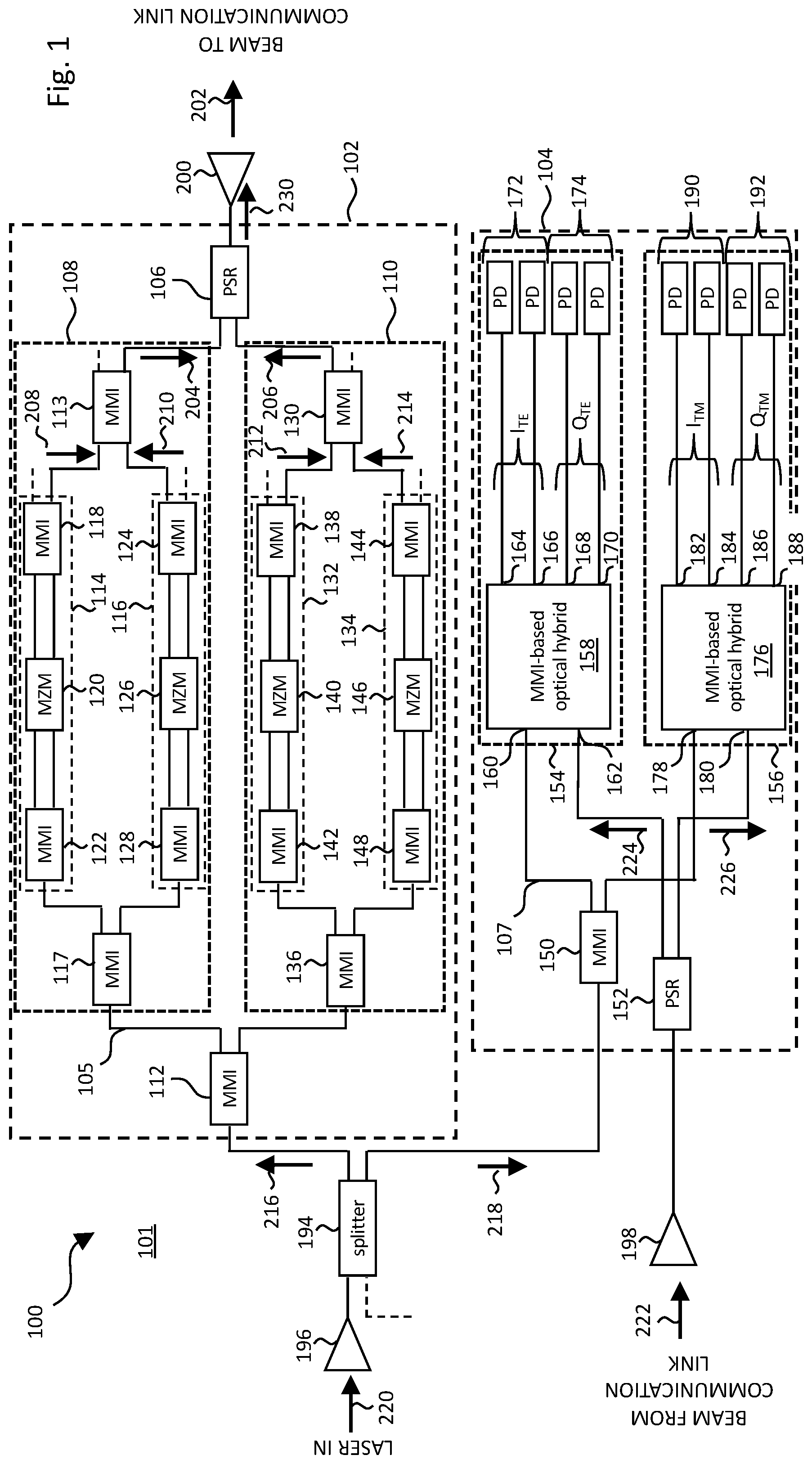 Patent US12562816 Figure 1 – Optical transceiver with multimode interferometers