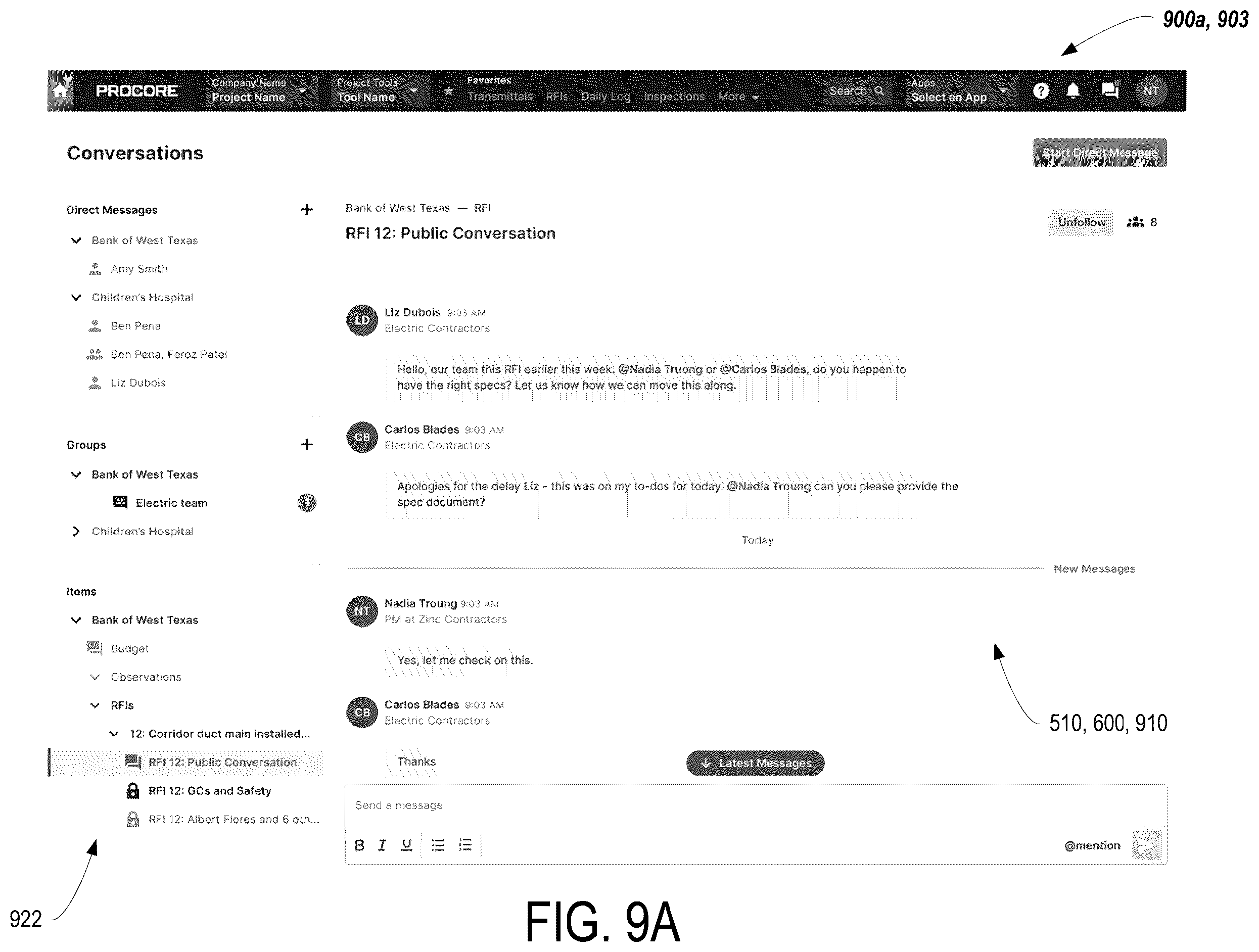 Patent US12562933 Figure 13 – Limited communications threads associated with construction based data objects