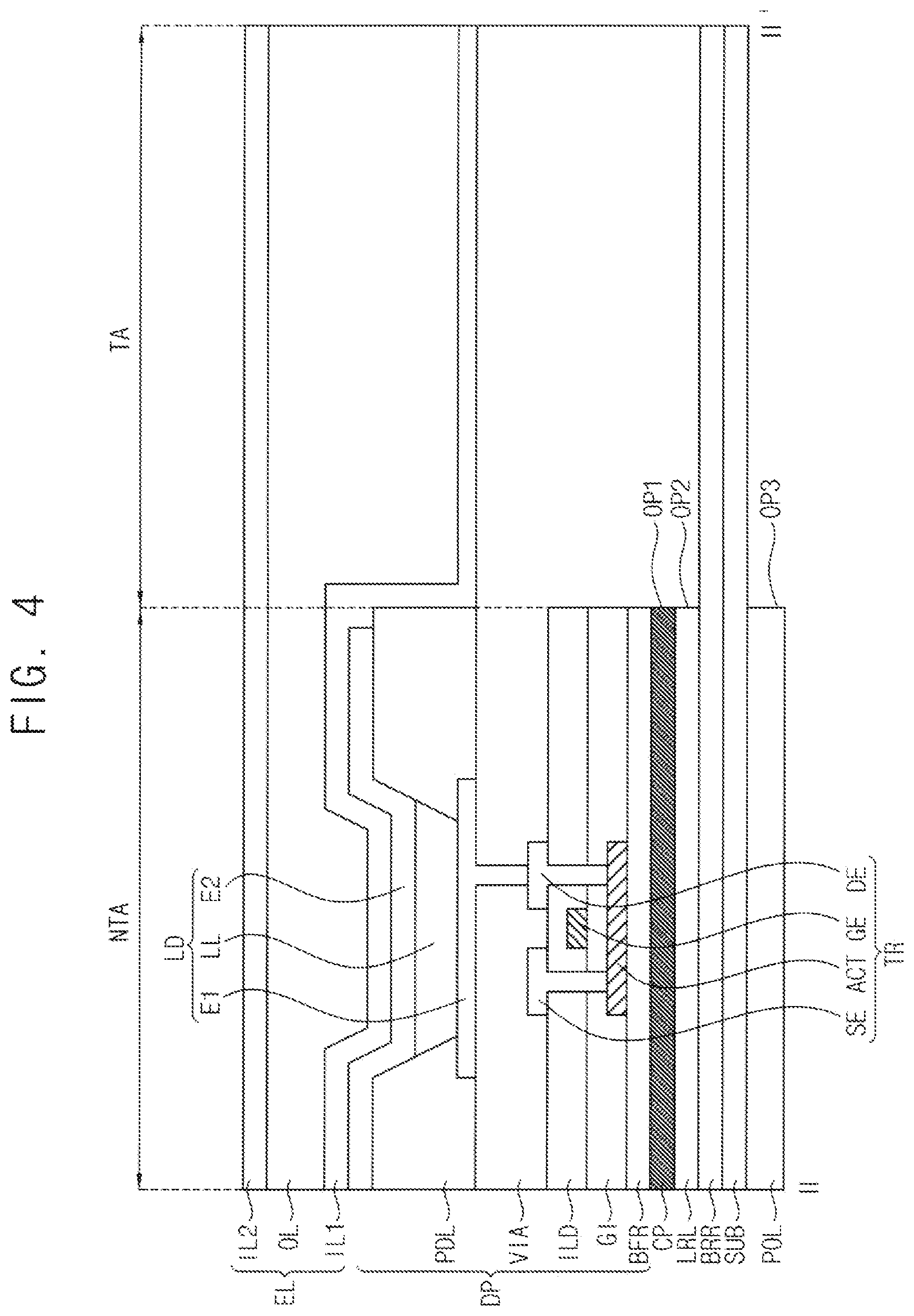 Patent US12563952 Figure 3 – Display device with aligned openings in a polarizing film and conductive layers and method of manufacturing the same