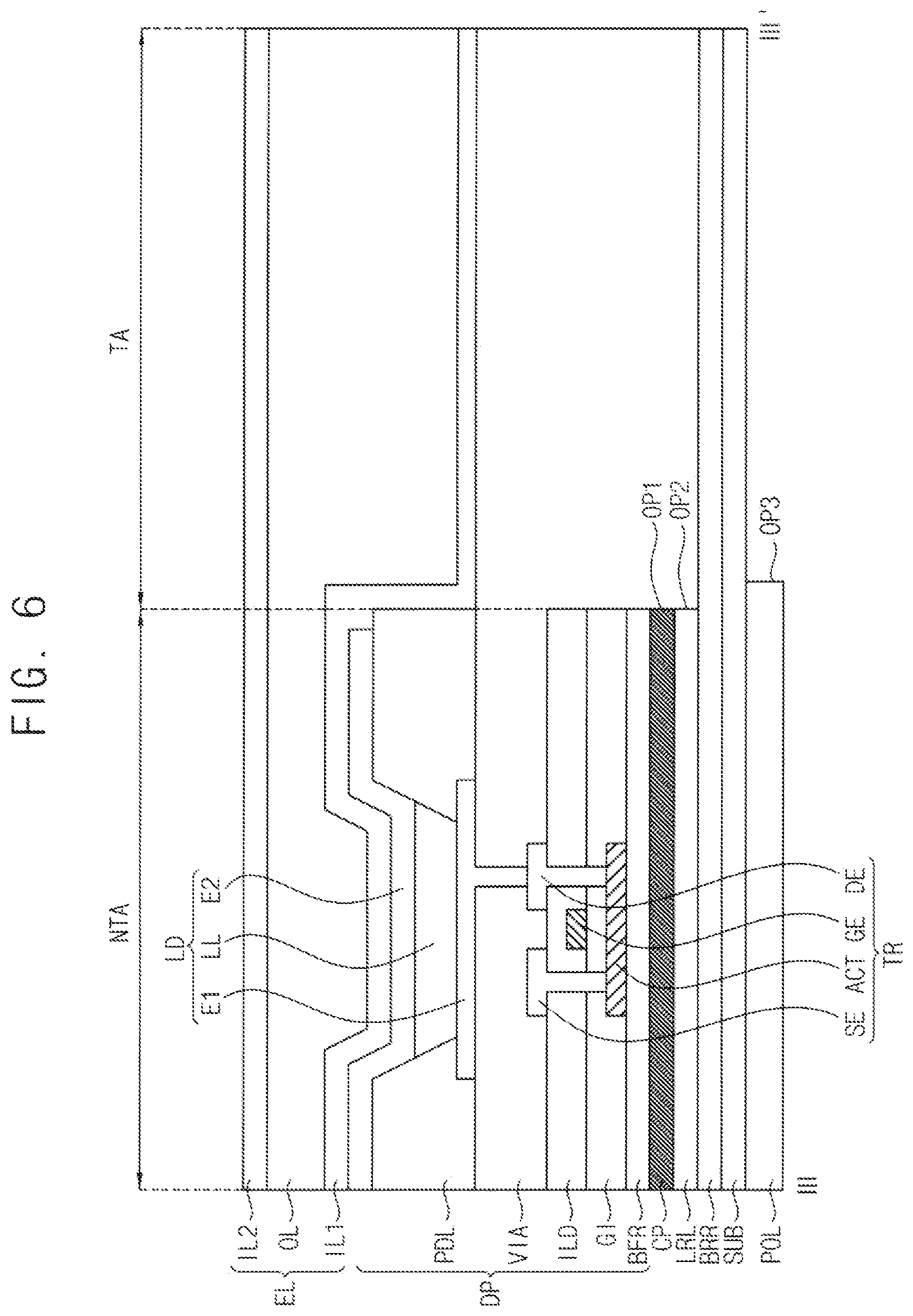 Patent US12563952 Figure 5 – Display device with aligned openings in a polarizing film and conductive layers and method of manufacturing the same
