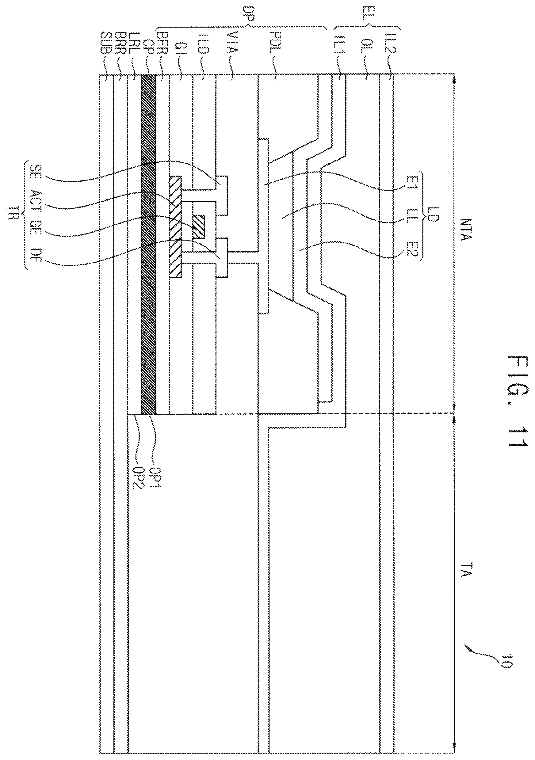 Patent US12563952 Figure 10 – Display device with aligned openings in a polarizing film and conductive layers and method of manufacturing the same