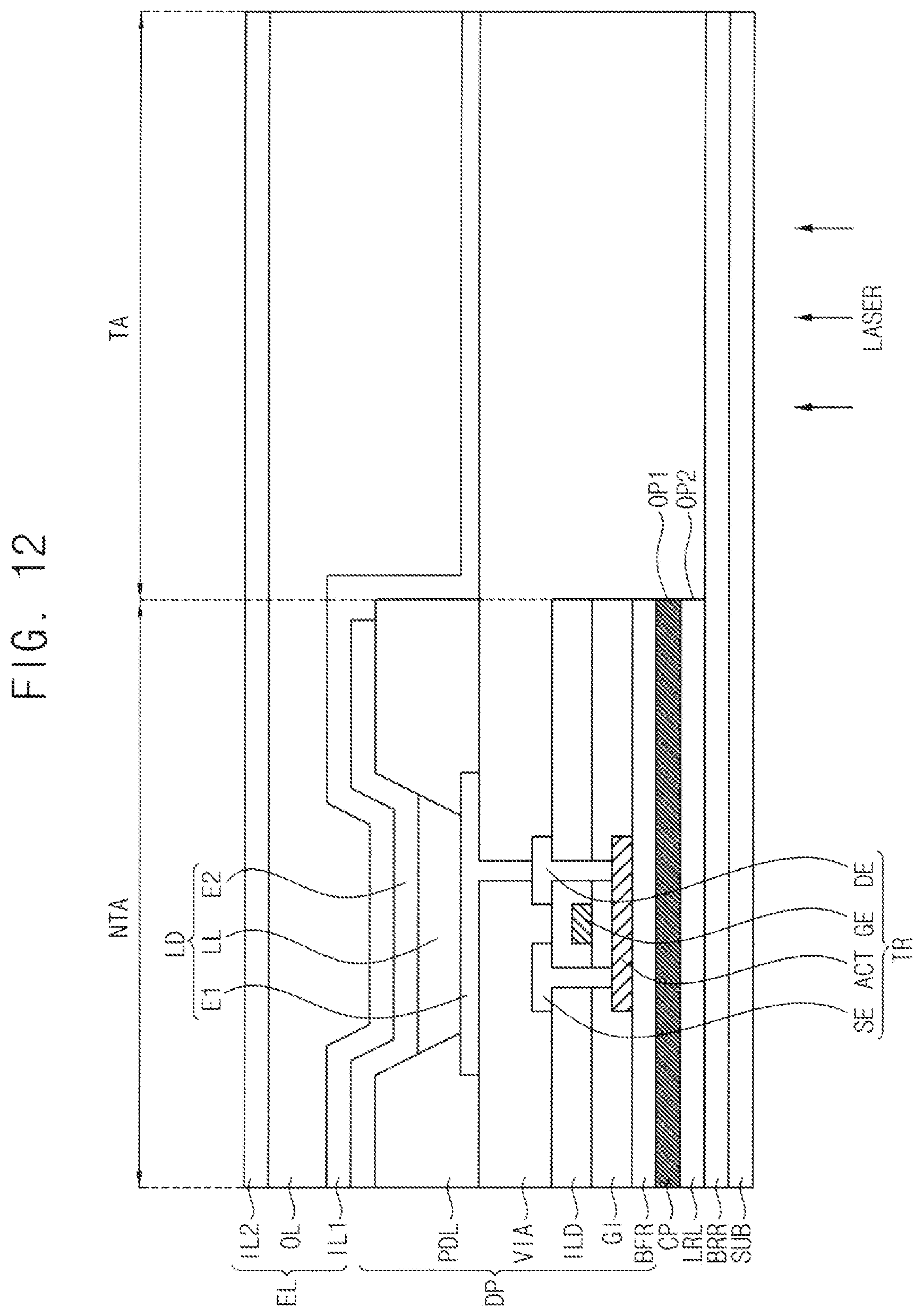 Patent US12563952 Figure 11 – Display device with aligned openings in a polarizing film and conductive layers and method of manufacturing the same