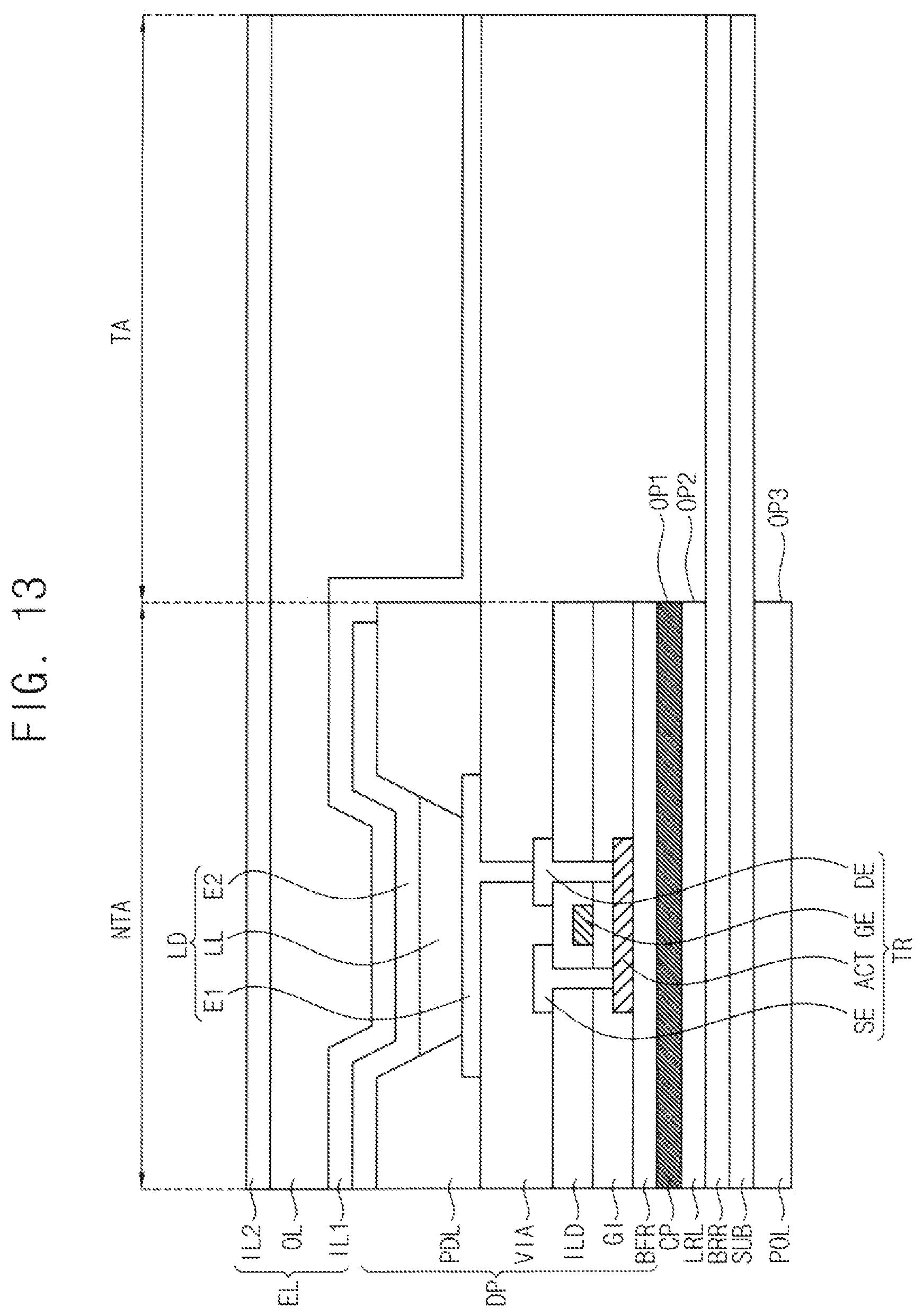 Patent US12563952 Figure 12 – Display device with aligned openings in a polarizing film and conductive layers and method of manufacturing the same