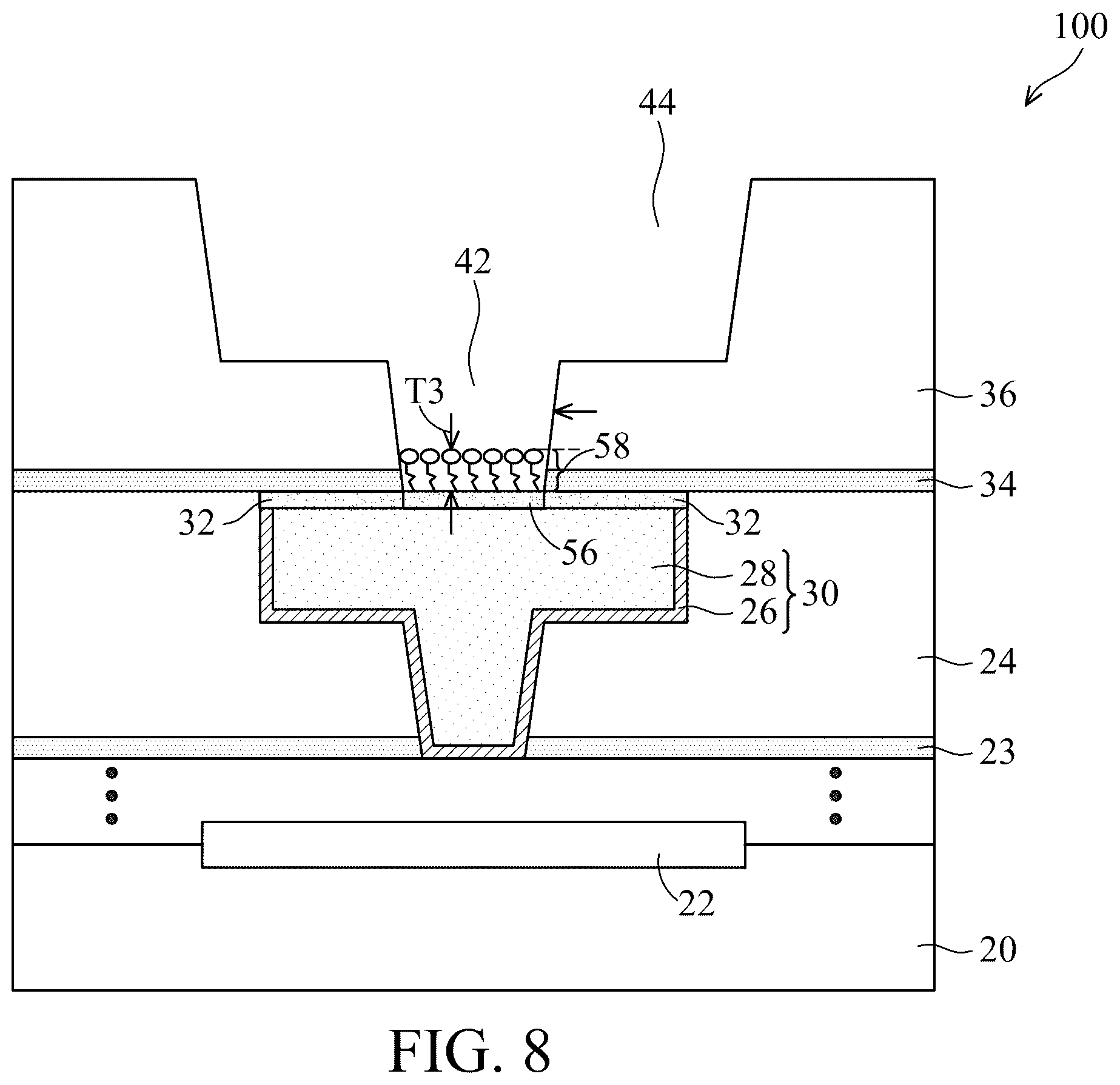 Patent US12564025 Figure 8 – Interconnect with redeposited metal capping and method forming same
