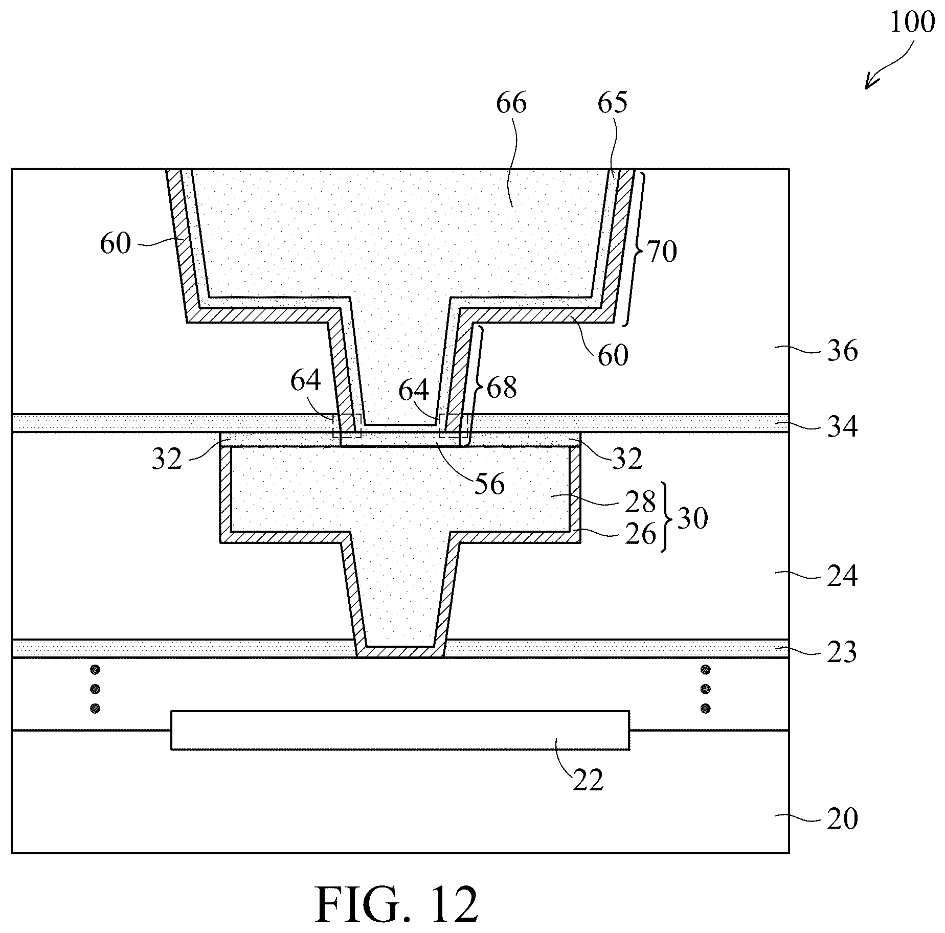Patent US12564025 Figure 12 – Interconnect with redeposited metal capping and method forming same