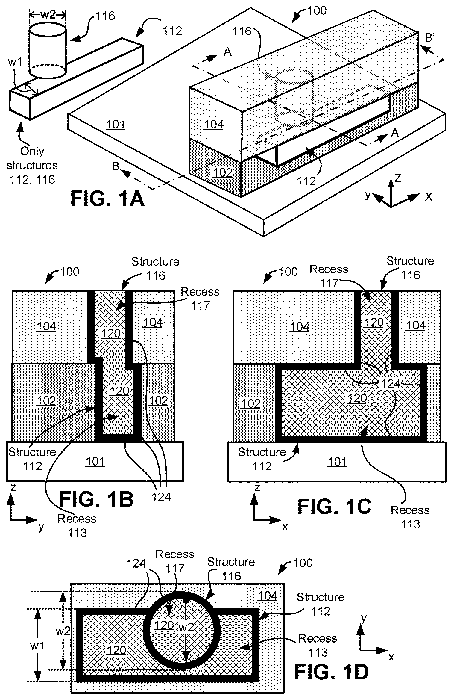 Patent US12564030 Figure 1 – Replacement conductive material for interconnect features