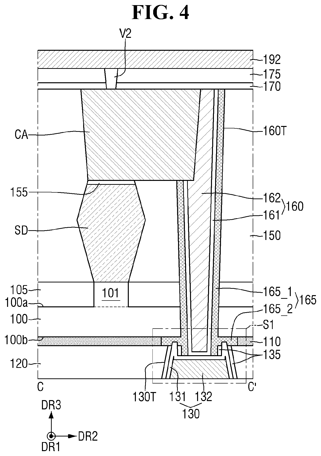 Patent US12564032 Figure 4 – Semiconductor device with improved reliability of a connection relation between a through via and a lower wiring layer