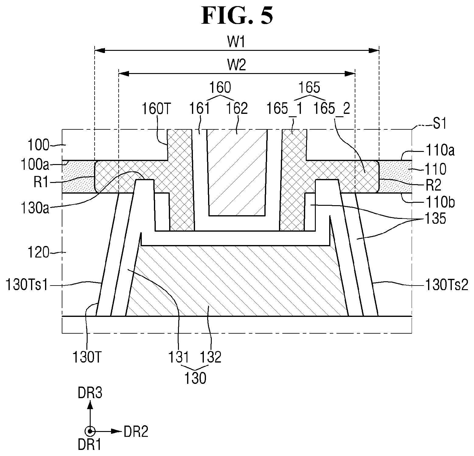 Patent US12564032 Figure 5 – Semiconductor device with improved reliability of a connection relation between a through via and a lower wiring layer