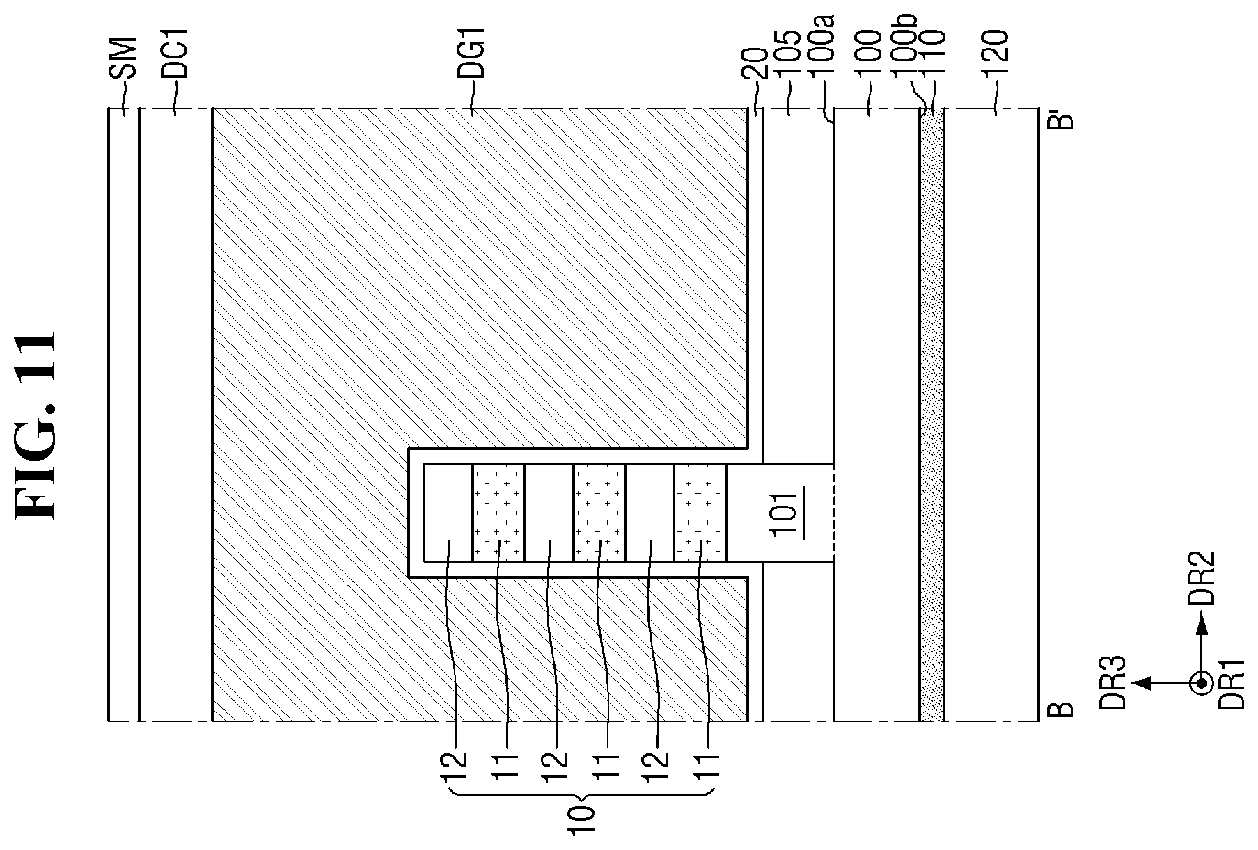 Patent US12564032 Figure 11 – Semiconductor device with improved reliability of a connection relation between a through via and a lower wiring layer