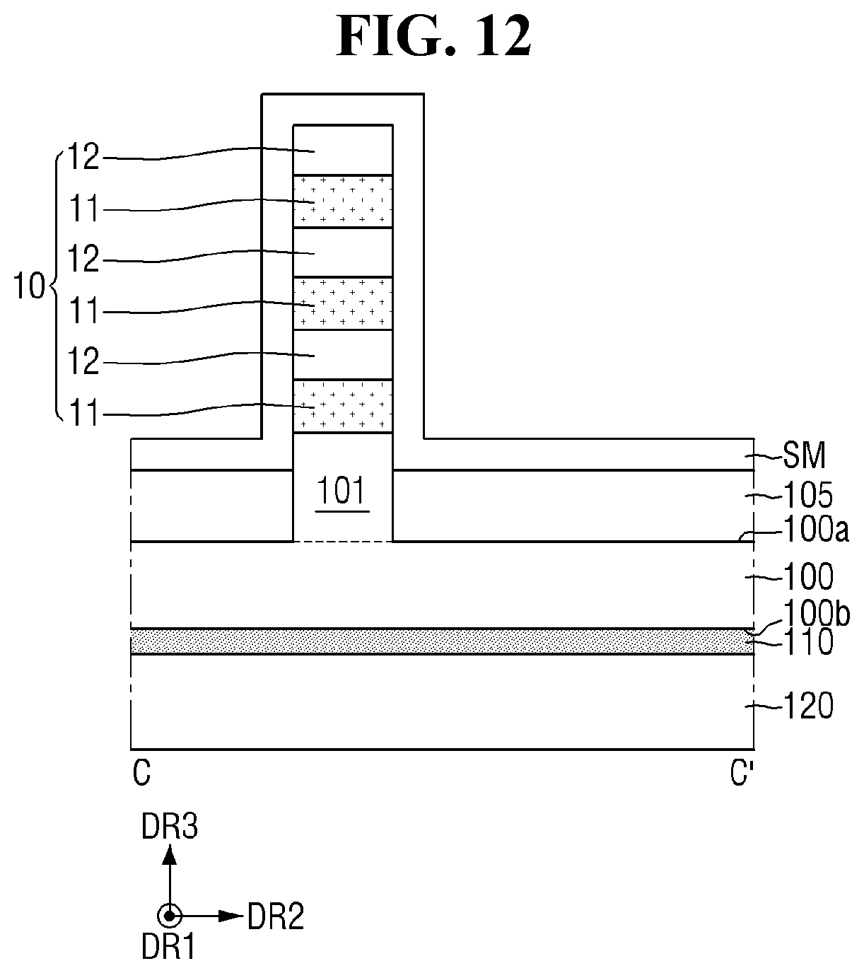 Patent US12564032 Figure 12 – Semiconductor device with improved reliability of a connection relation between a through via and a lower wiring layer