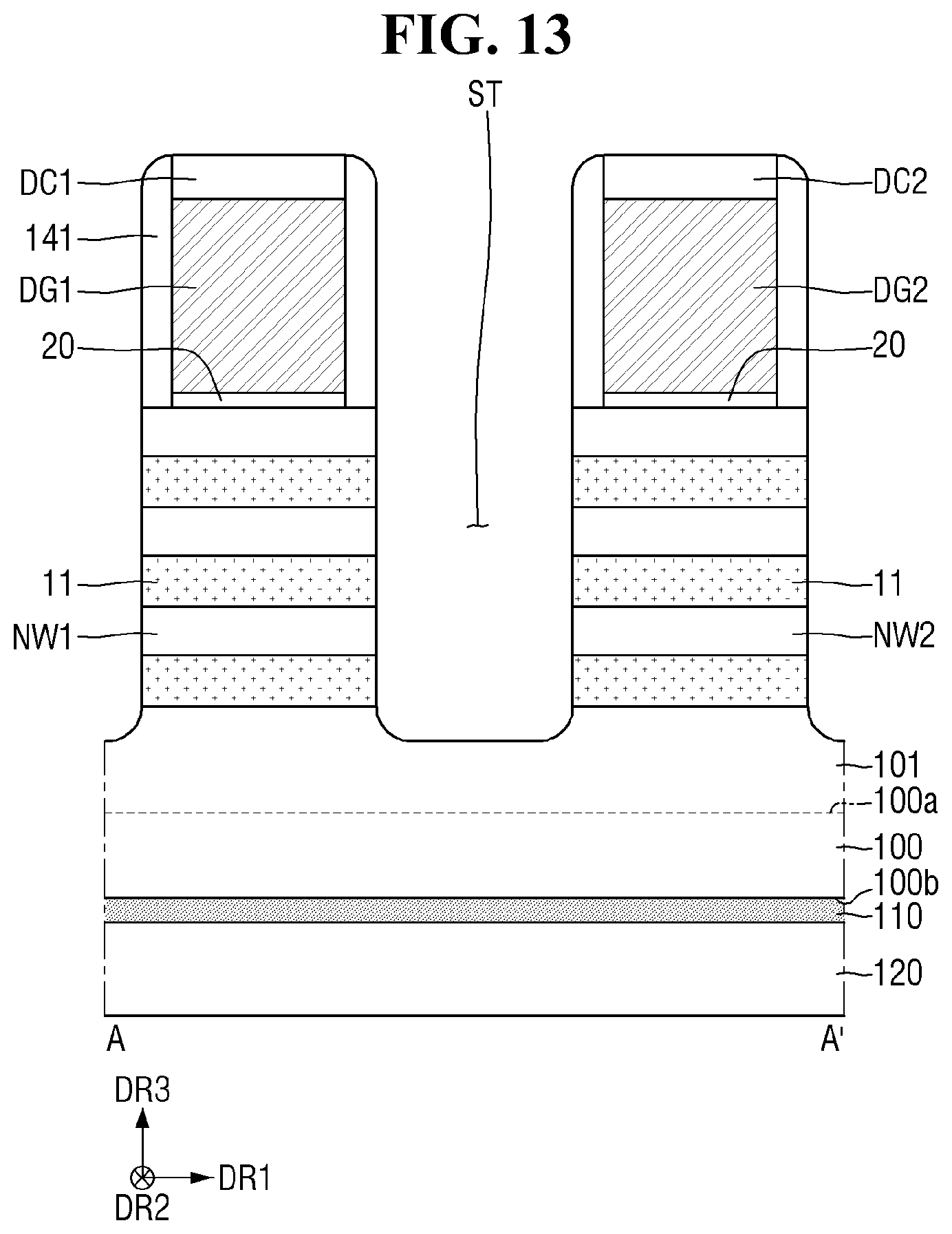 Patent US12564032 Figure 13 – Semiconductor device with improved reliability of a connection relation between a through via and a lower wiring layer