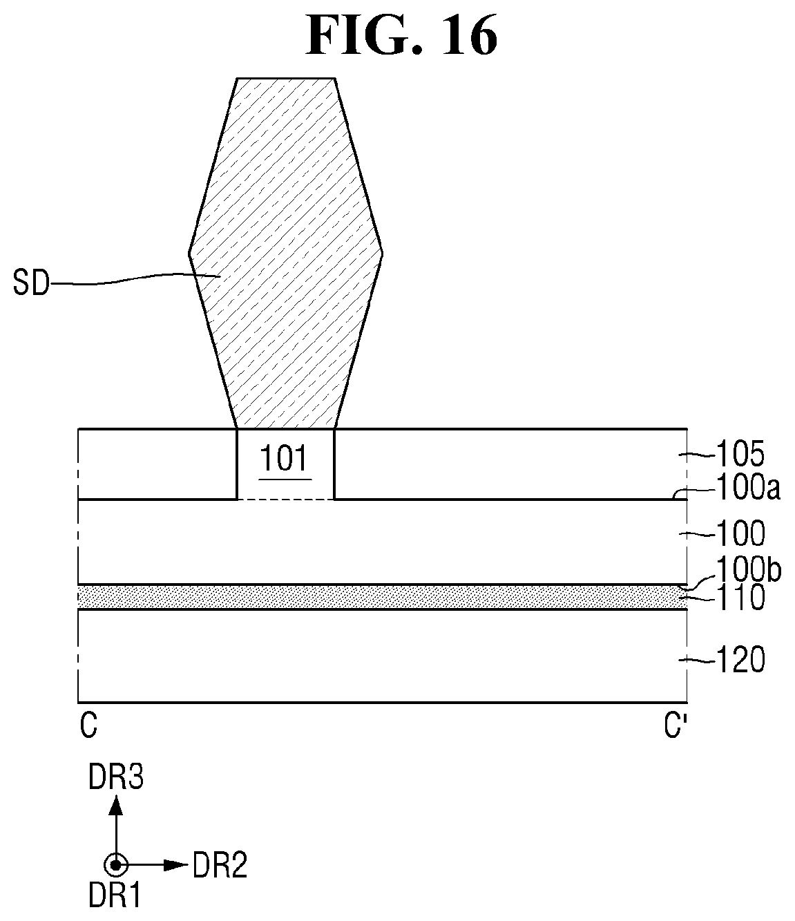 Patent US12564032 Figure 16 – Semiconductor device with improved reliability of a connection relation between a through via and a lower wiring layer