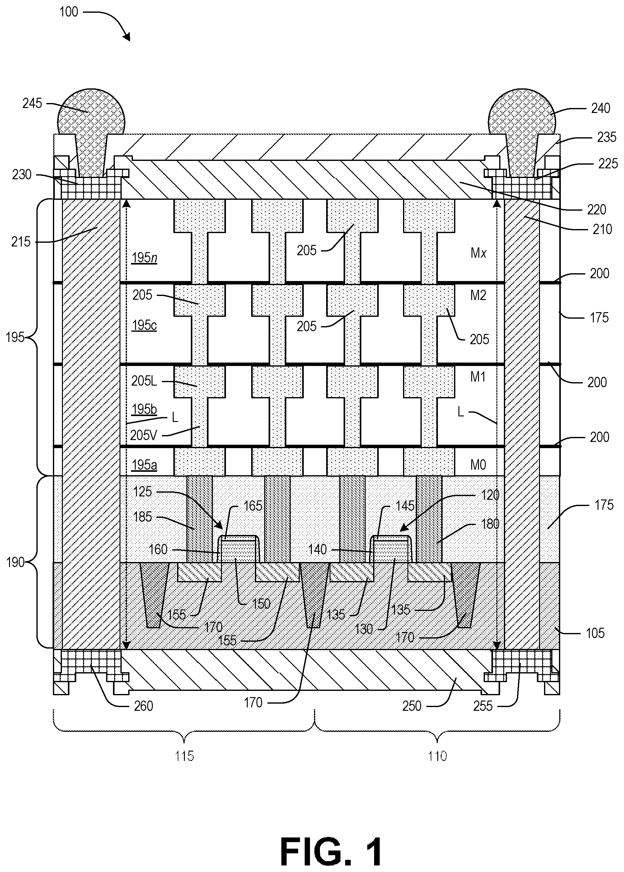 Patent US12564033 Figure 1 – Semiconductor device with through substrate conductive pillars having different cross-sectional areas and method of making
