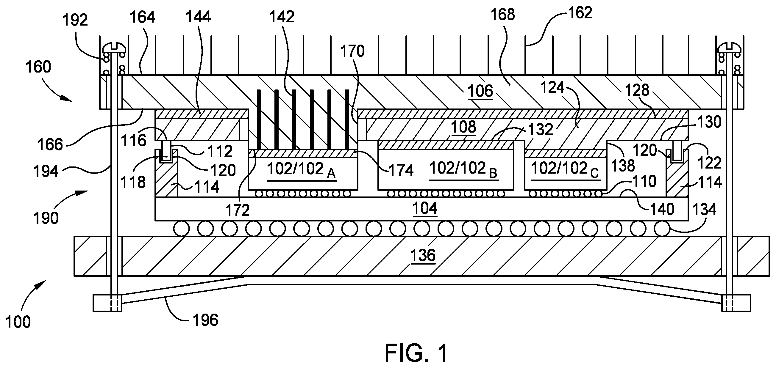 Patent US12564052 Figure 1 – Chip package with pass through heat spreader