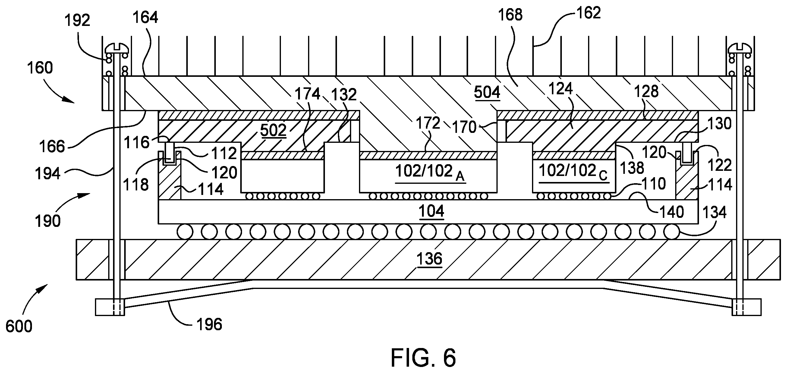 Patent US12564052 Figure 5 – Chip package with pass through heat spreader