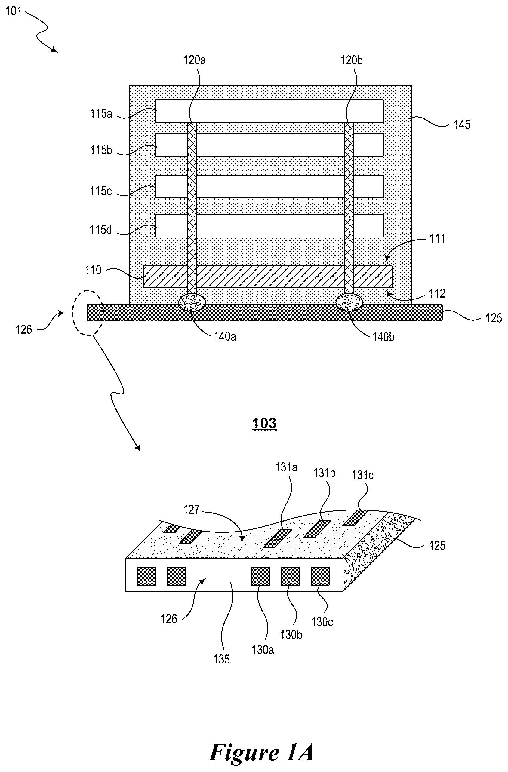 Patent US12564075 Figure 1 – Semiconductor die assemblies with decomposable materials and associated methods and systems