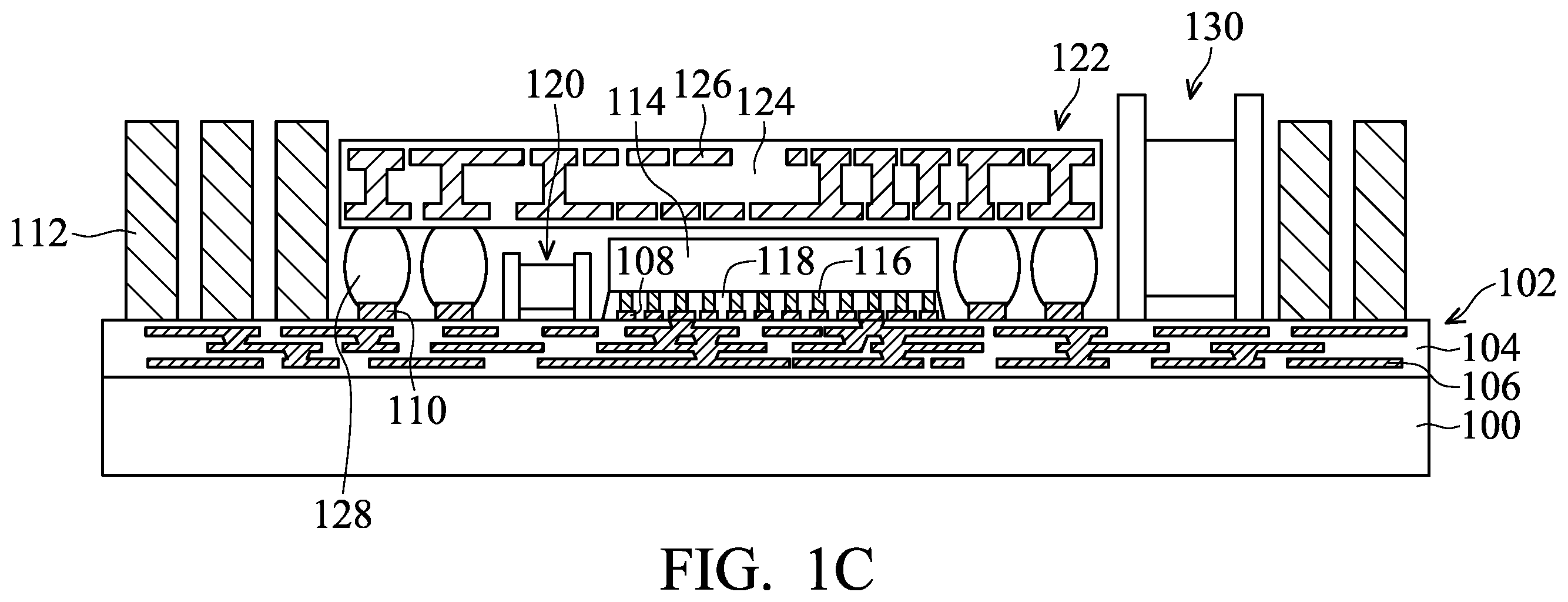 Patent US12564076 Figure 2 – Chip package with fan-out feature and method for forming the same