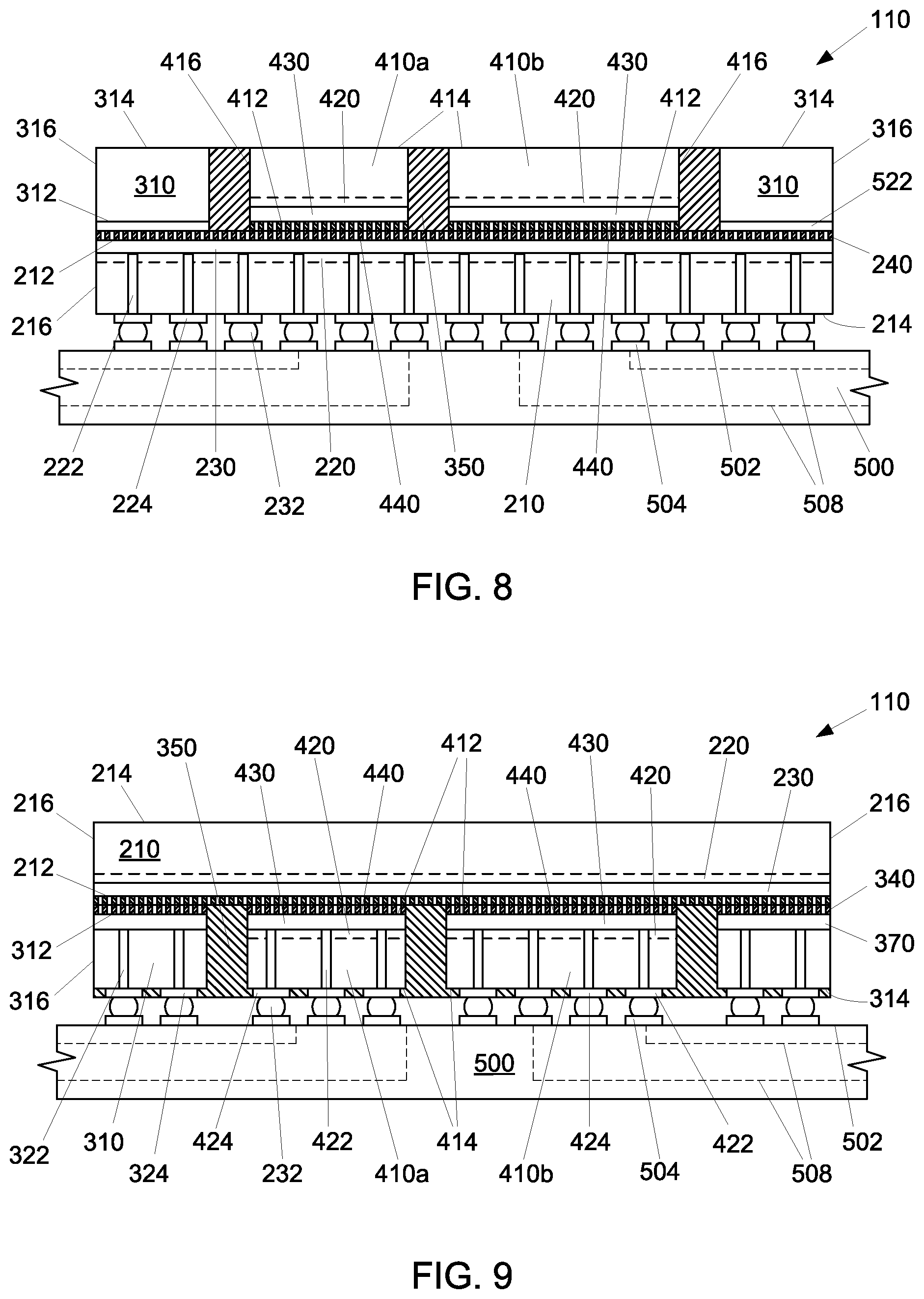 Patent US12564090 Figure 5 – Edge-aligned template structure for integrated packages including an integrated circuit device within an opening of the template structure