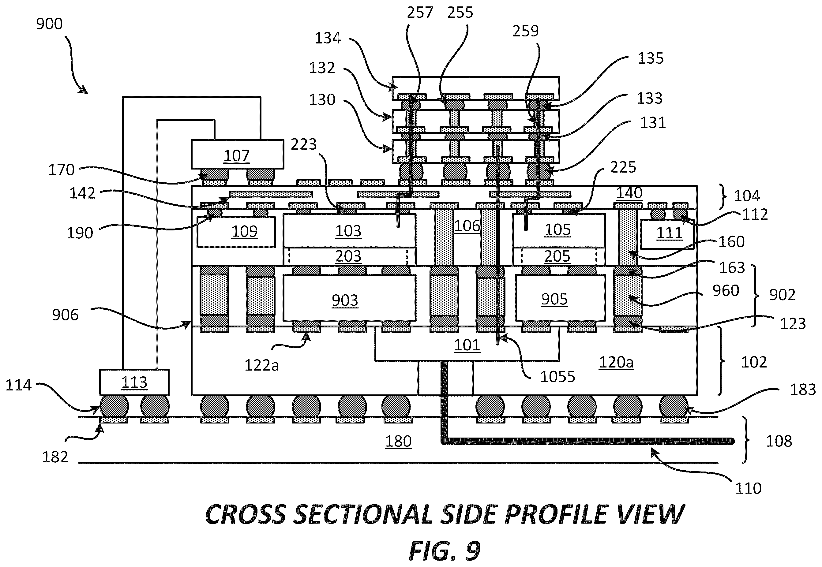 Patent US12564107 Figure 9 – Package comprising optical integrated device
