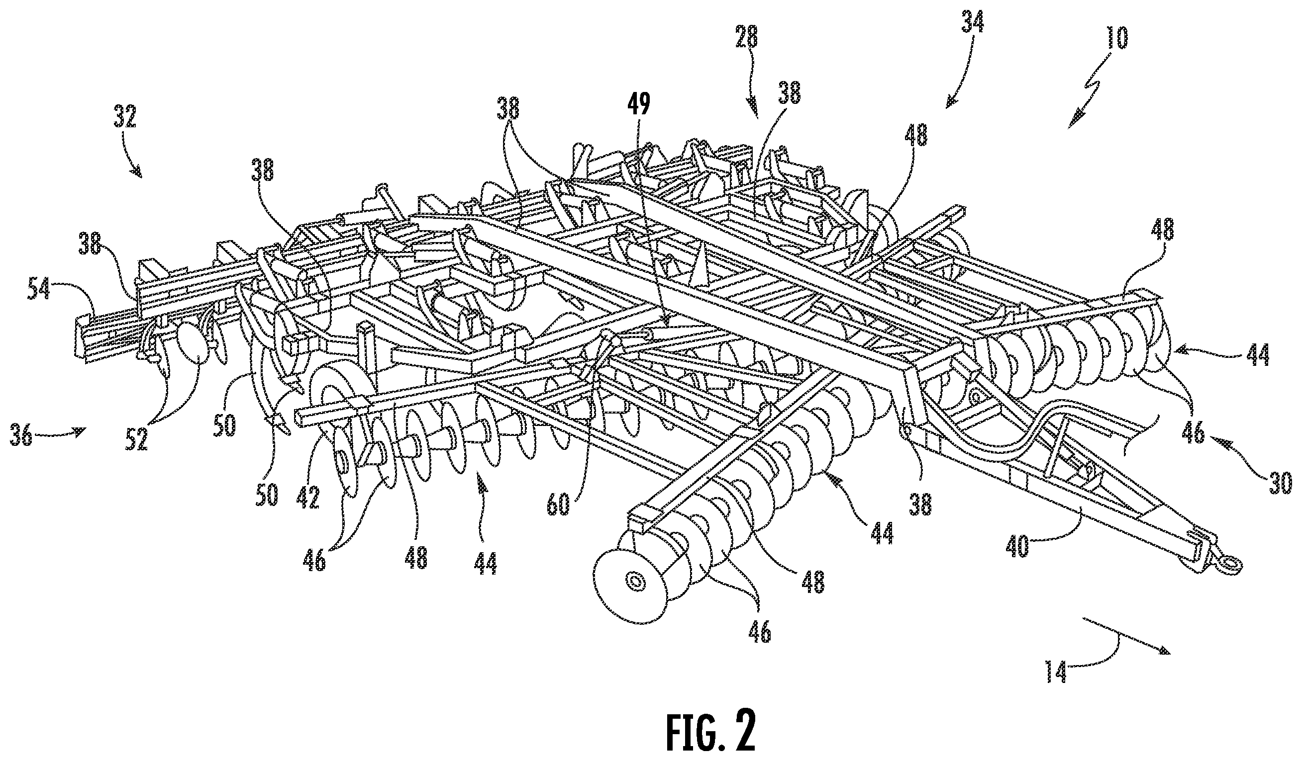Patent US12564119 Figure 2 – Agricultural system and method for monitoring operating conditions associated with disks of an agricultural implement