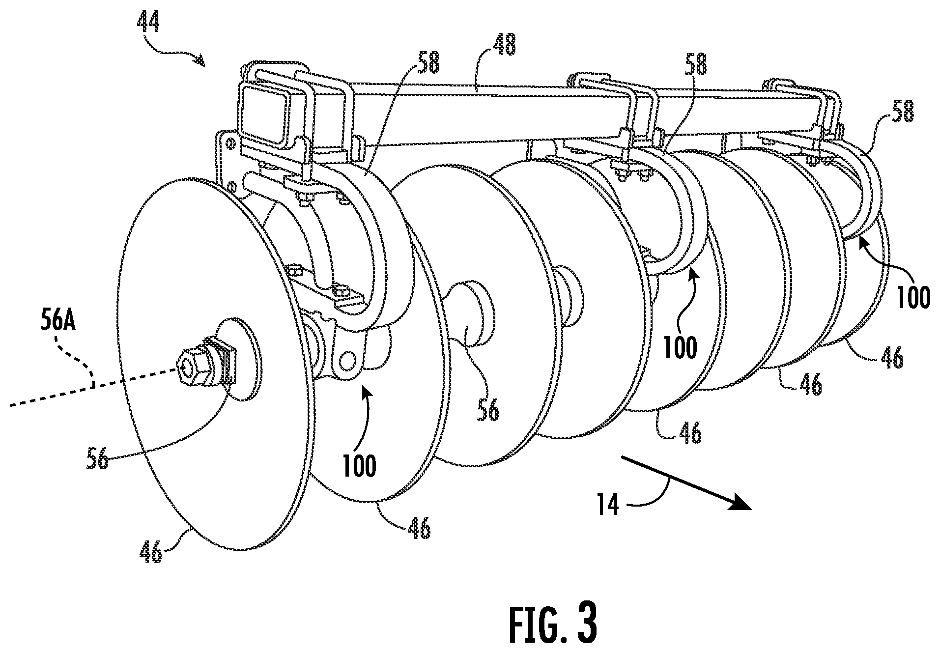 Patent US12564119 Figure 3 – Agricultural system and method for monitoring operating conditions associated with disks of an agricultural implement