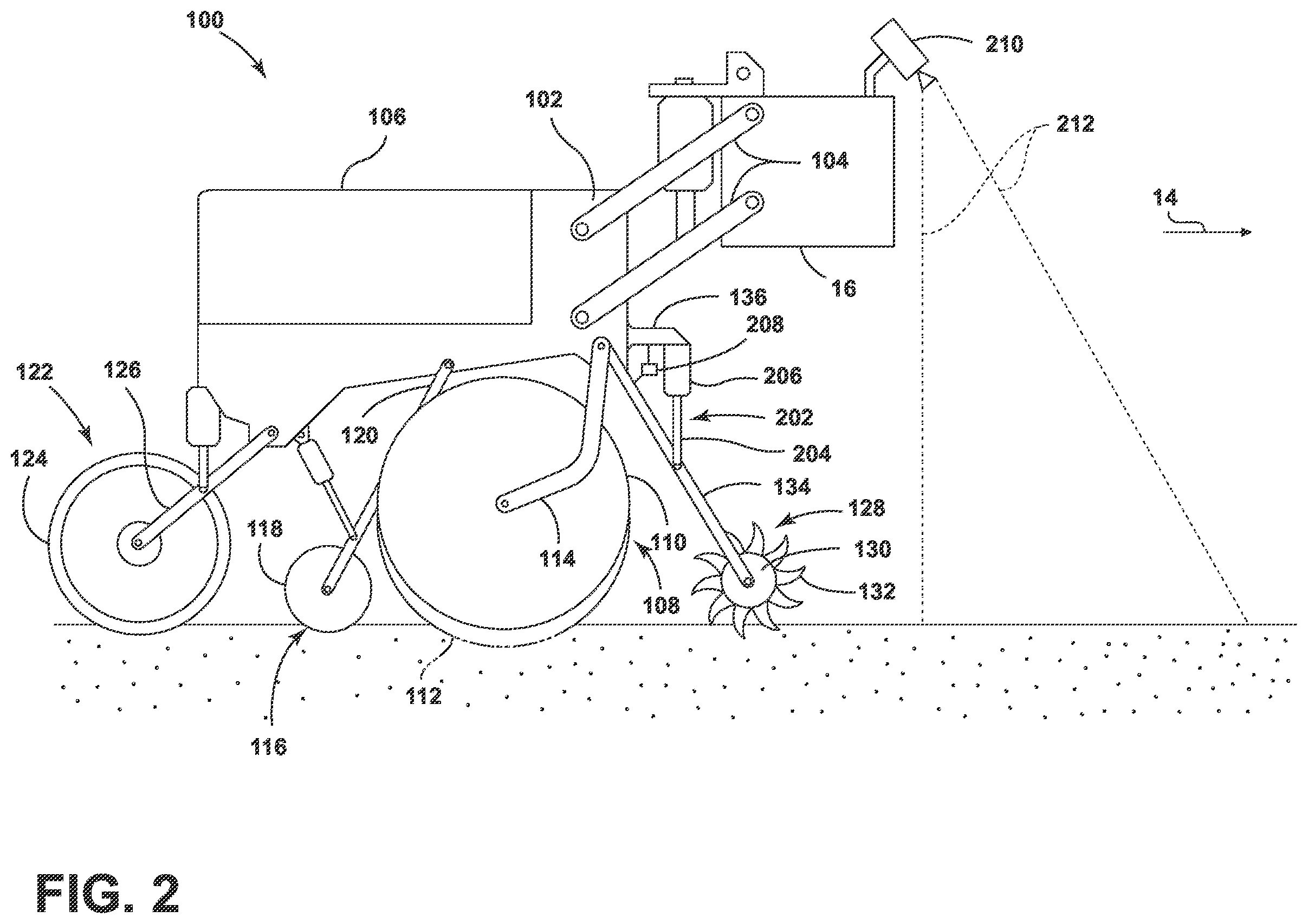 Patent US12564120 Figure 2 – System and method for controlling row cleaner operation on a seed-planting implement