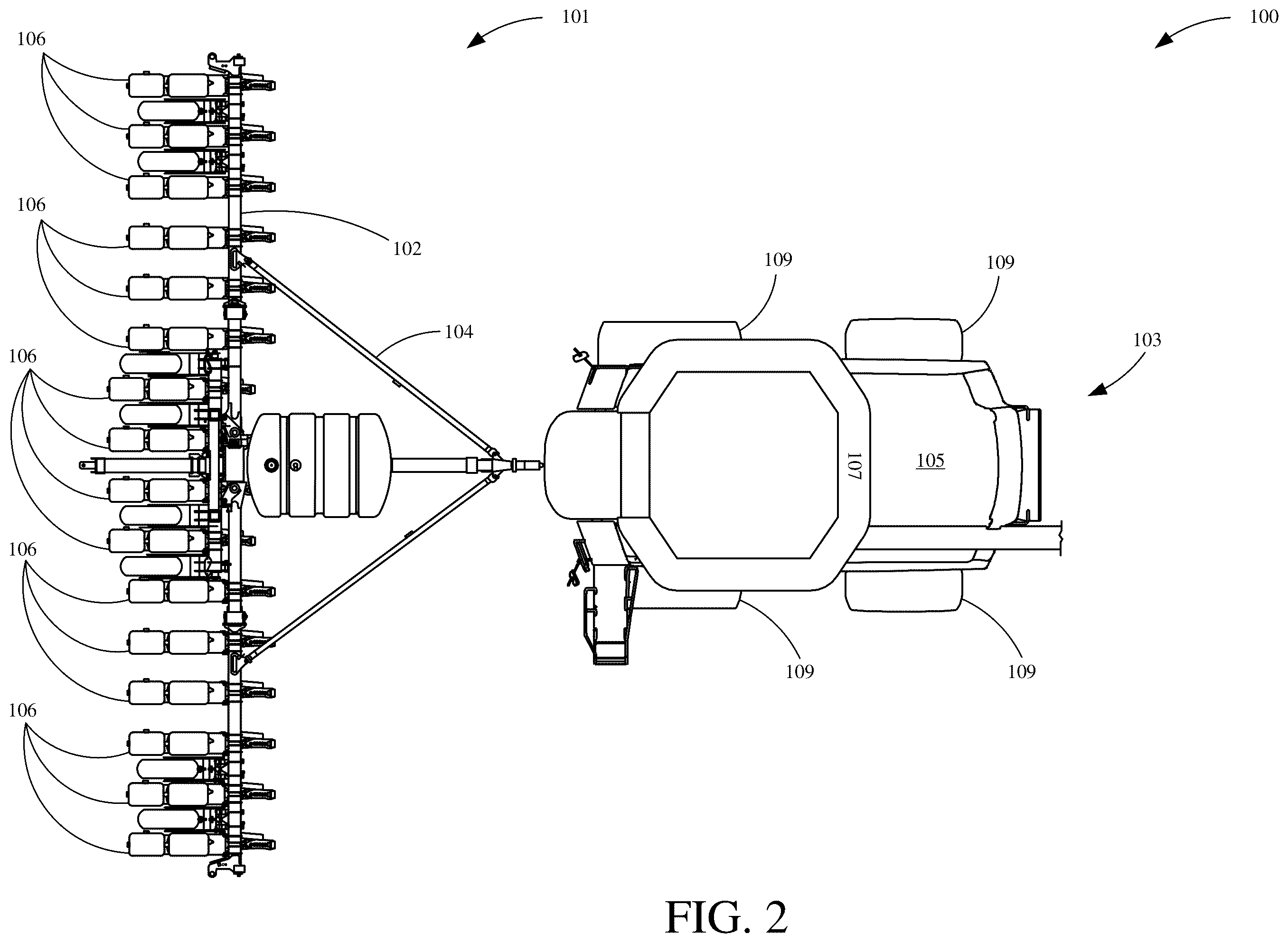 Patent US12564121 Figure 2 – Implement mounted sensors sensing surface/furrow characteristics and control