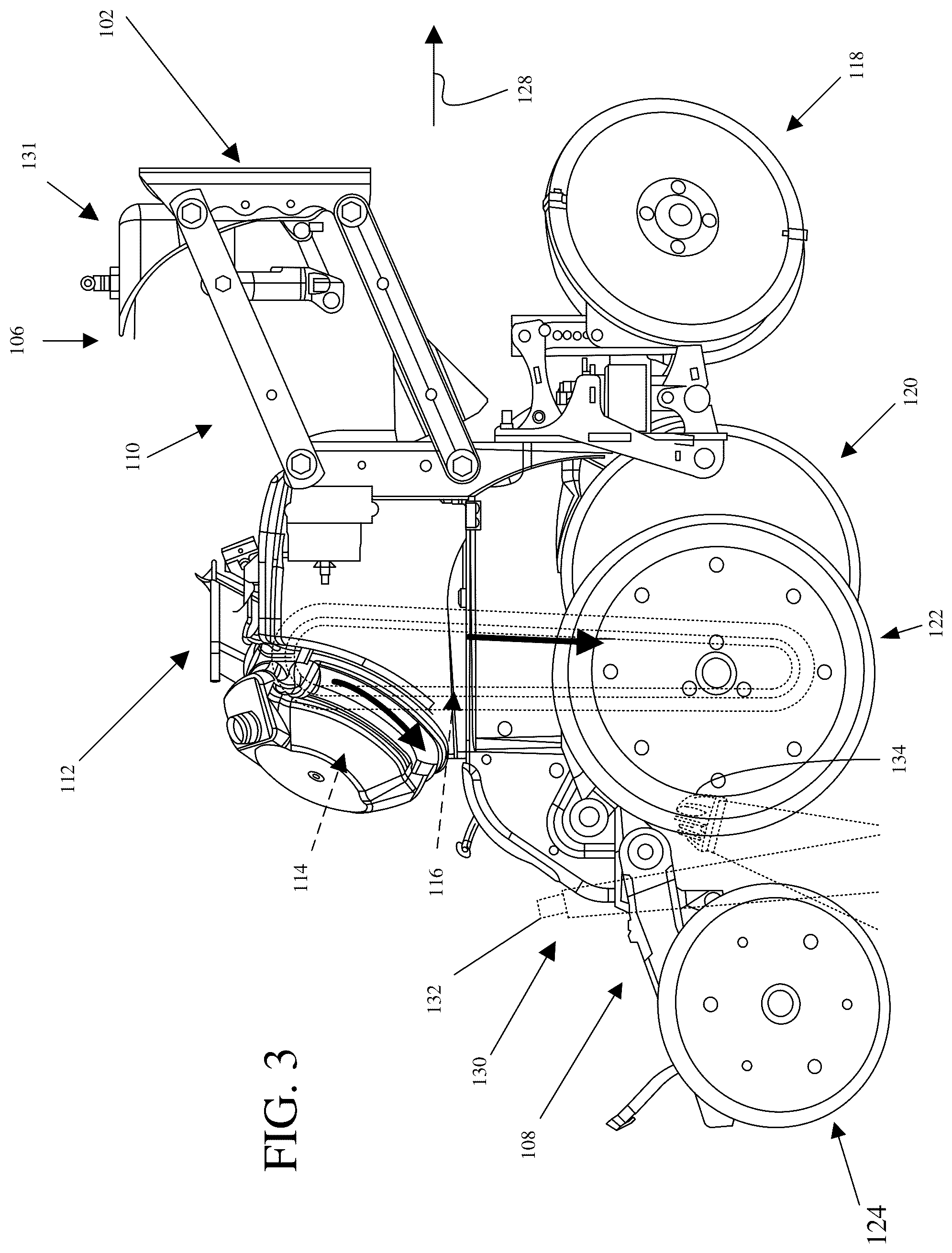 Patent US12564121 Figure 3 – Implement mounted sensors sensing surface/furrow characteristics and control