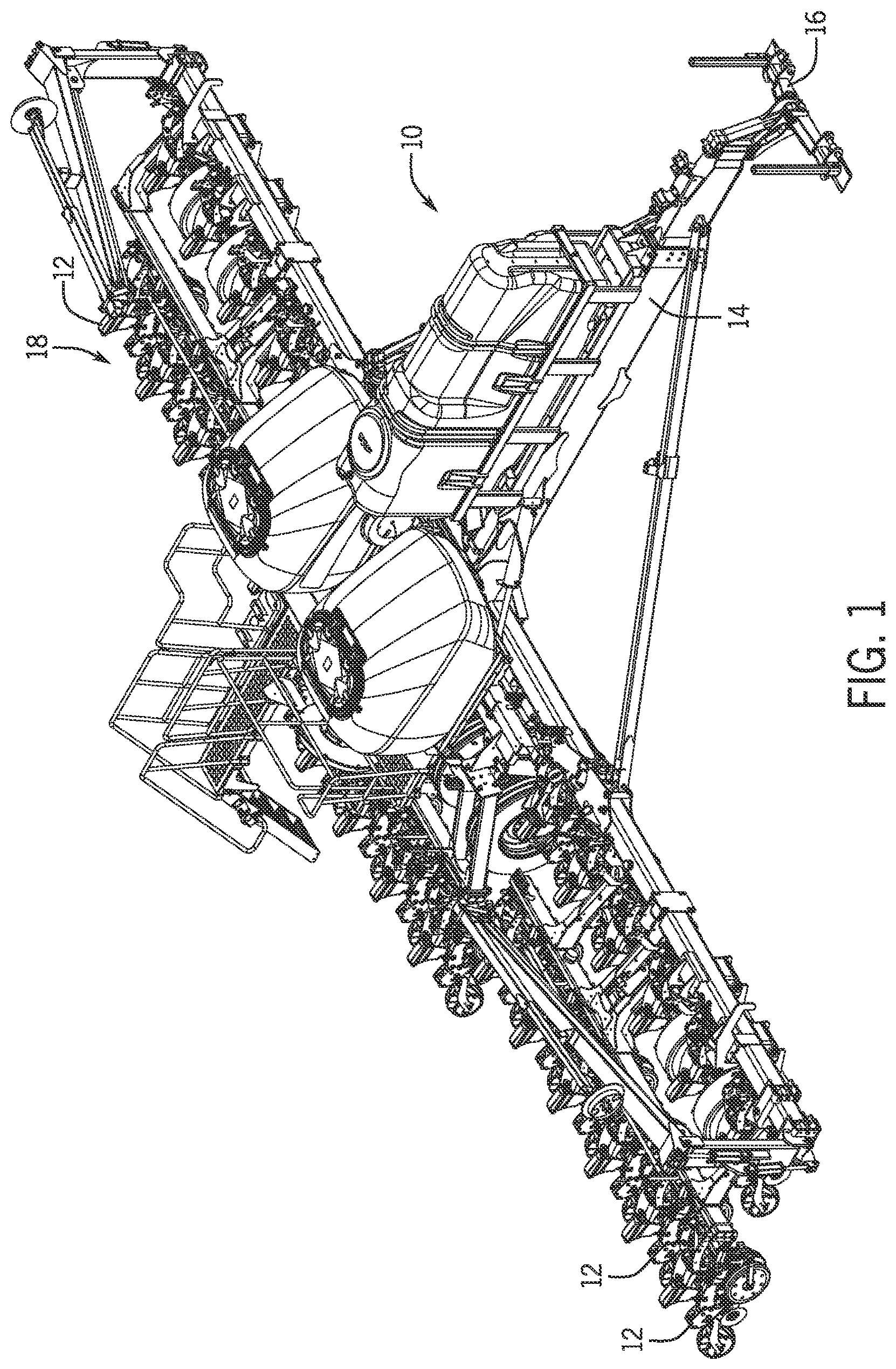 Patent US12564124 Figure 1 – Two row agricultural planting implement having a lift and downforce actuator