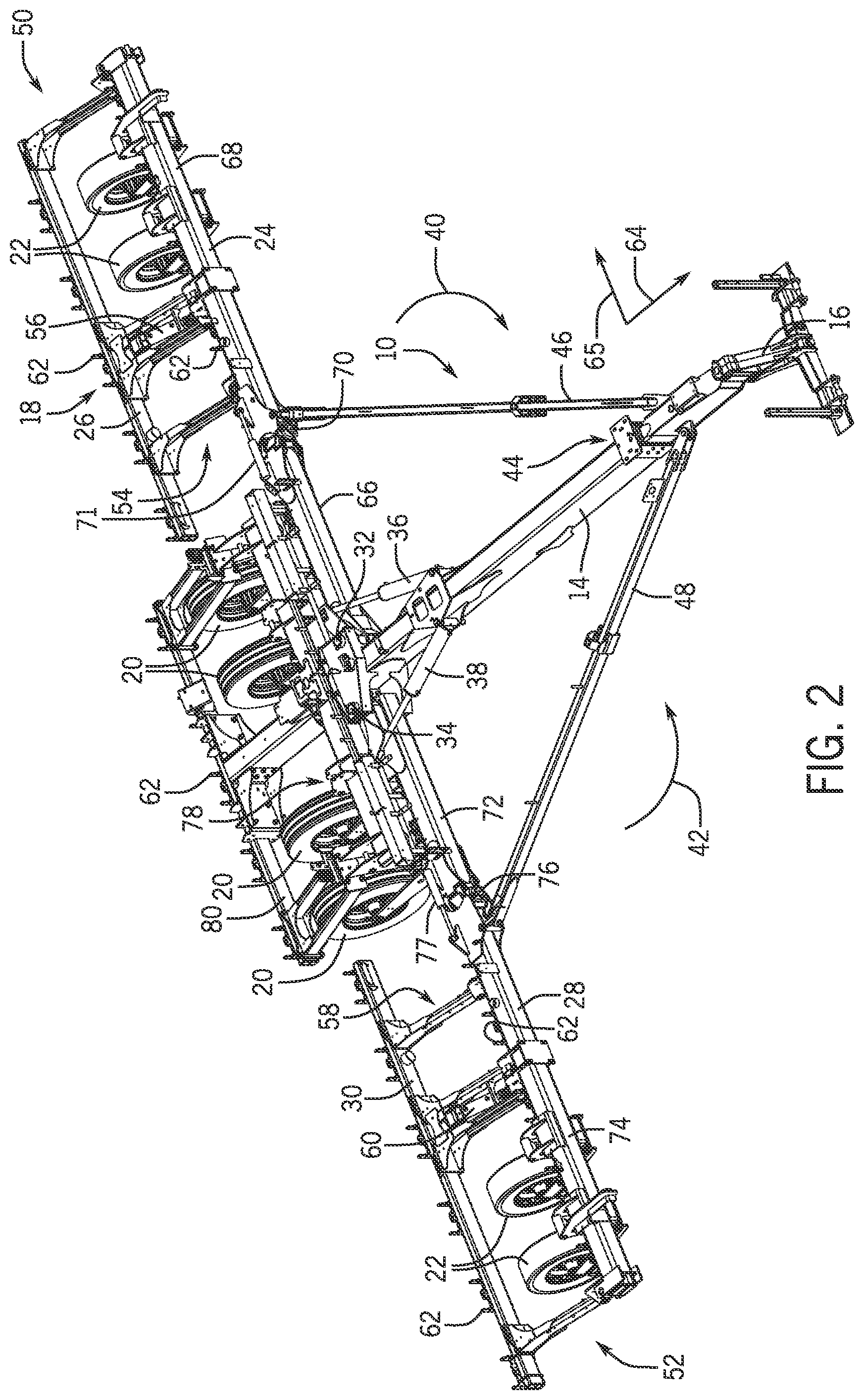 Patent US12564124 Figure 2 – Two row agricultural planting implement having a lift and downforce actuator