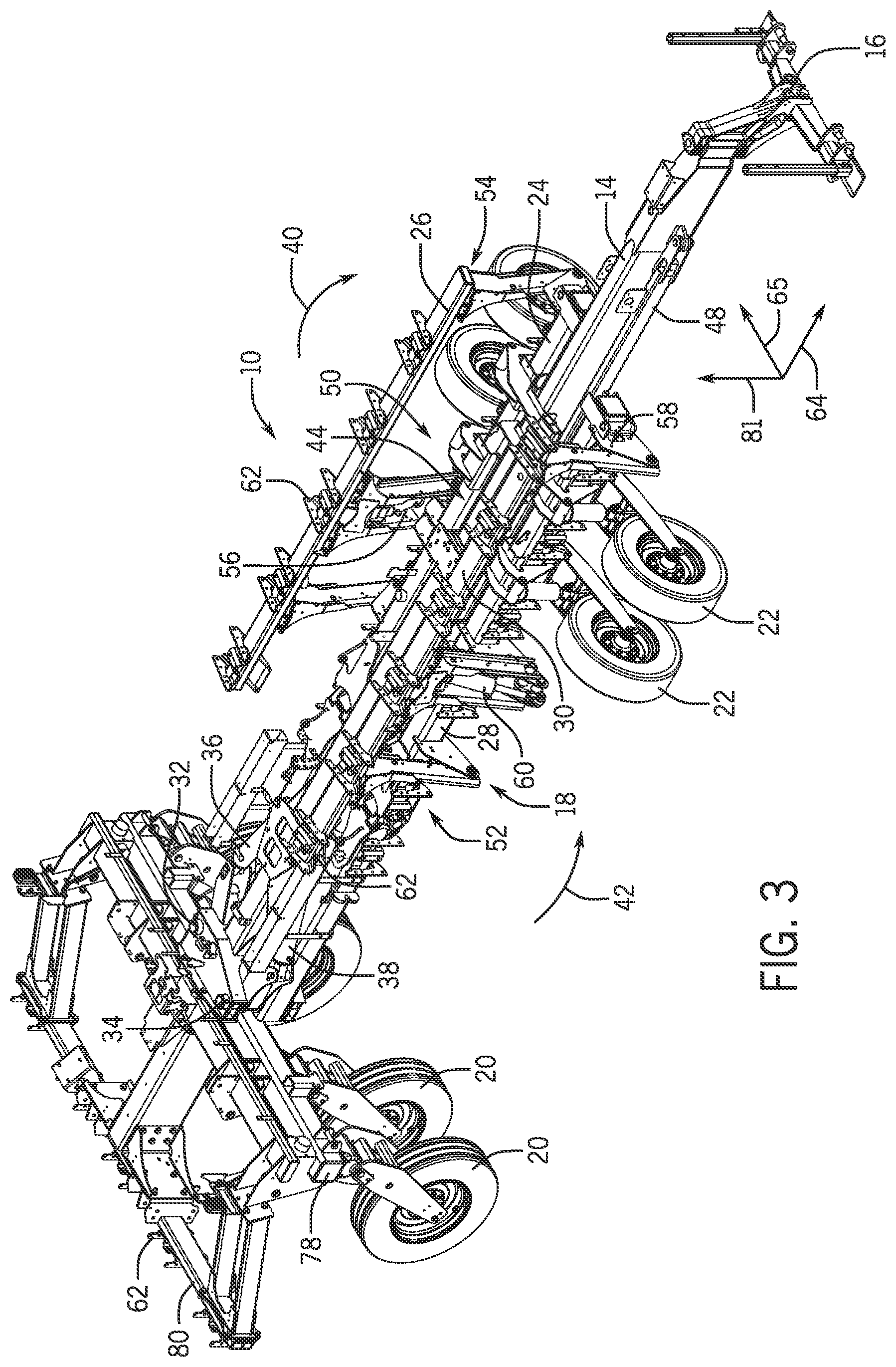 Patent US12564124 Figure 3 – Two row agricultural planting implement having a lift and downforce actuator